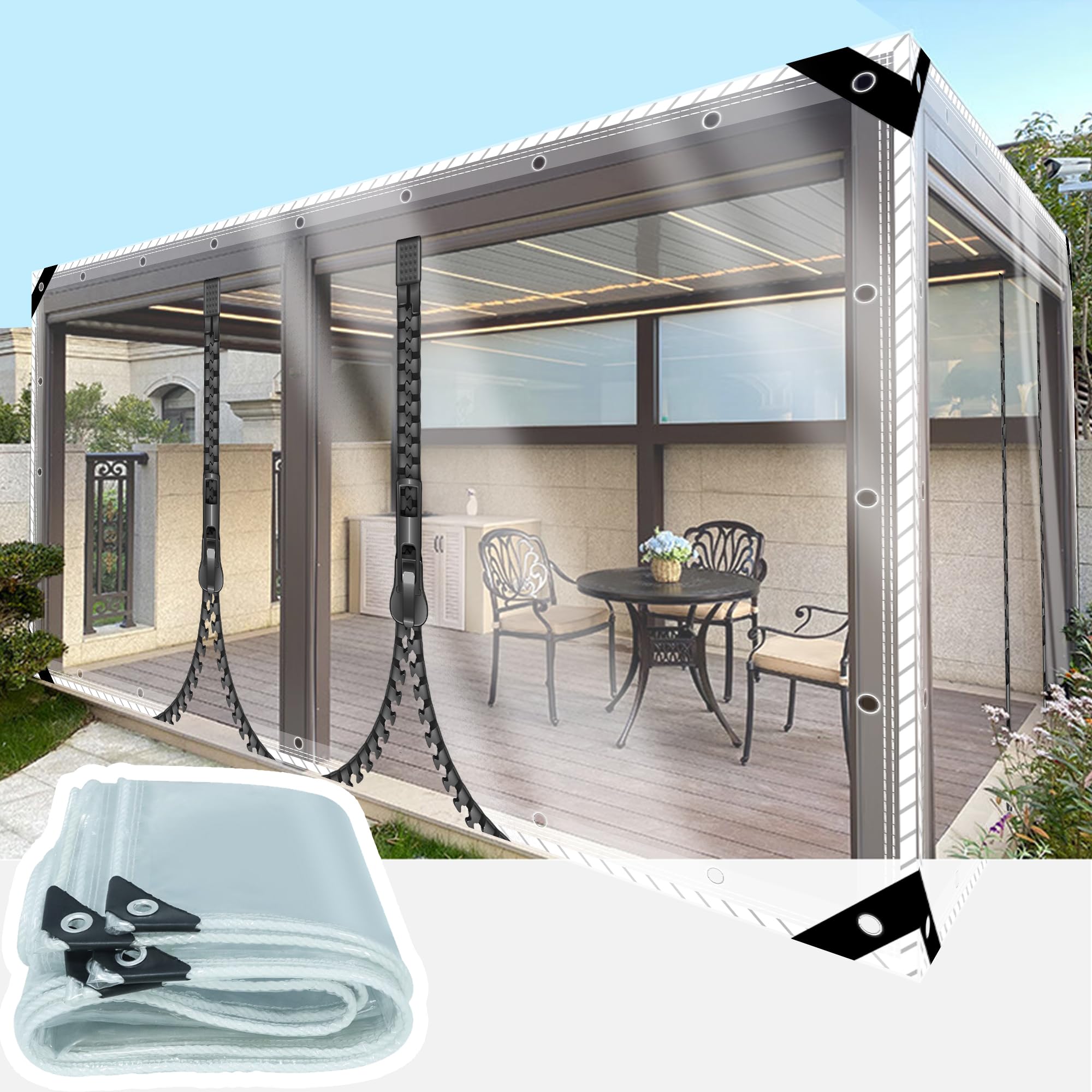 SSFMSF PVC Plane Transparent mit Ösen Abdeckplane Wetterfeste staubdicht, Windschutz Pflanzenabdeckung mit 2 Reißverschlüssen für Terrasse Balkon Pavillon Gartenmöbel. (H:2m * W:2m | 400g/m²)