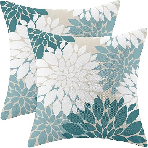 CXMEIFLY Juego de 2 fundas de almohada de 18 x 18 pulgadas, color turquesa, decoración floral de dalia, para verano, diseño moderno de flores