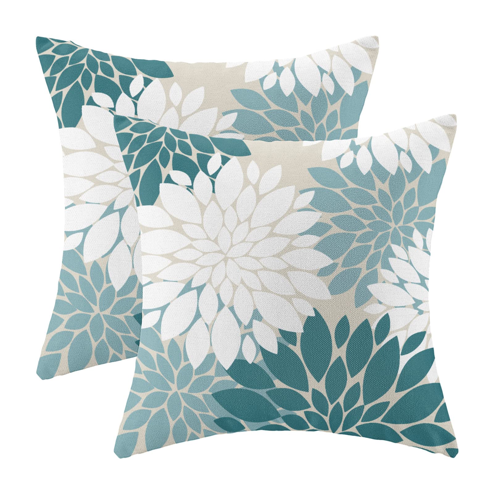CXMEIFLY Teal White Pillow Covers 16x16 Inch Set of 2 Turquoise Colored Dahlia Floral Decor Throw Pillows Summer Modern Geometry Flower Outdoor