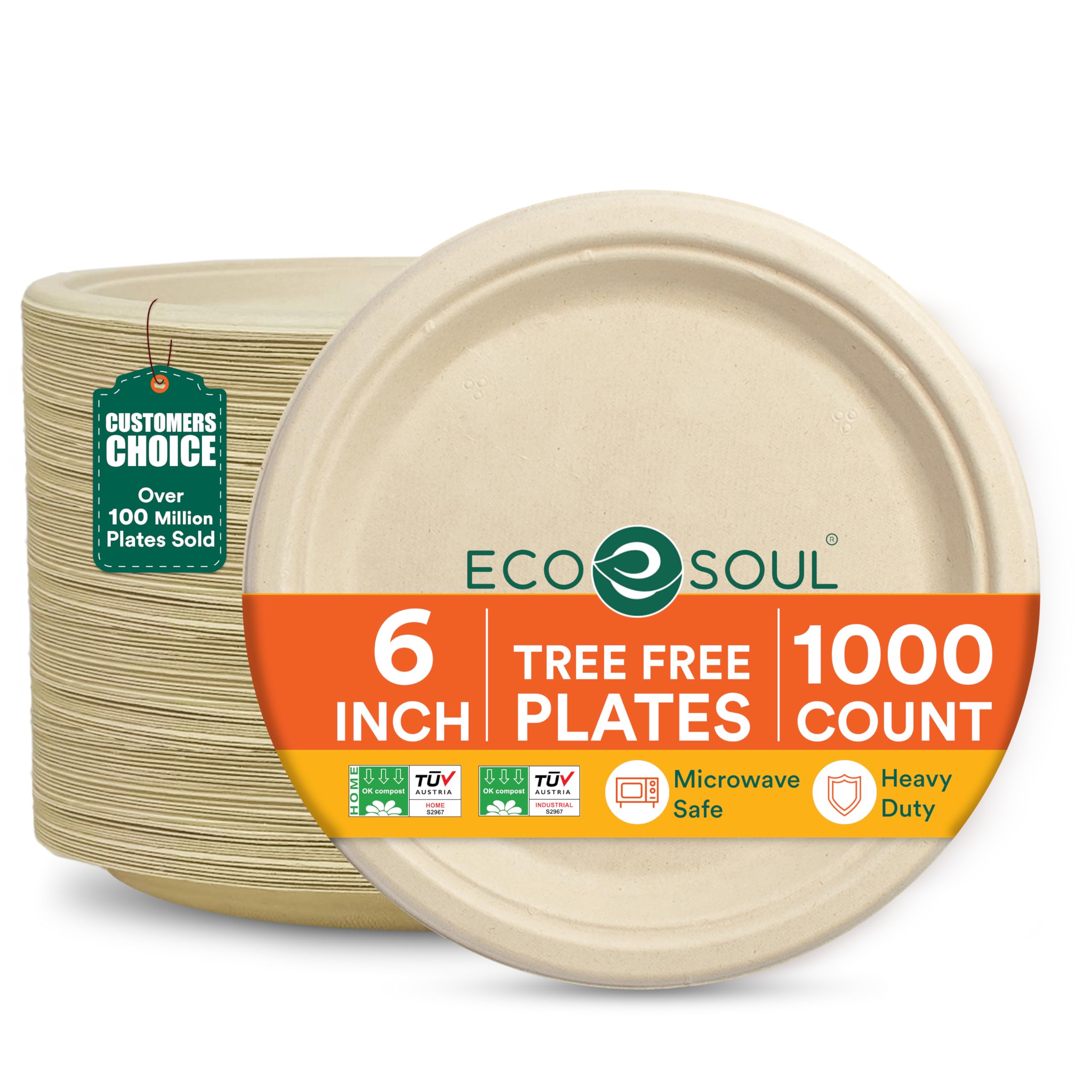 ECO SOUL Compostable Paper Plates 6 Inch (1000 Count) Plates for Christmas Dessert, Heavy Duty, Eco-Friendly Sugarcane Bagasse Small Plates For Appetizer- Natural Brown