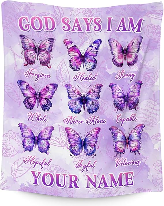 Custom Butterfly Blanket, Cozy Soft Throw Gifts for Teens Girls, 50x60 Inch Cute Flannel Blanket for Butterfly Lovers, God Says I Am Throw Blankets for Bed Travel