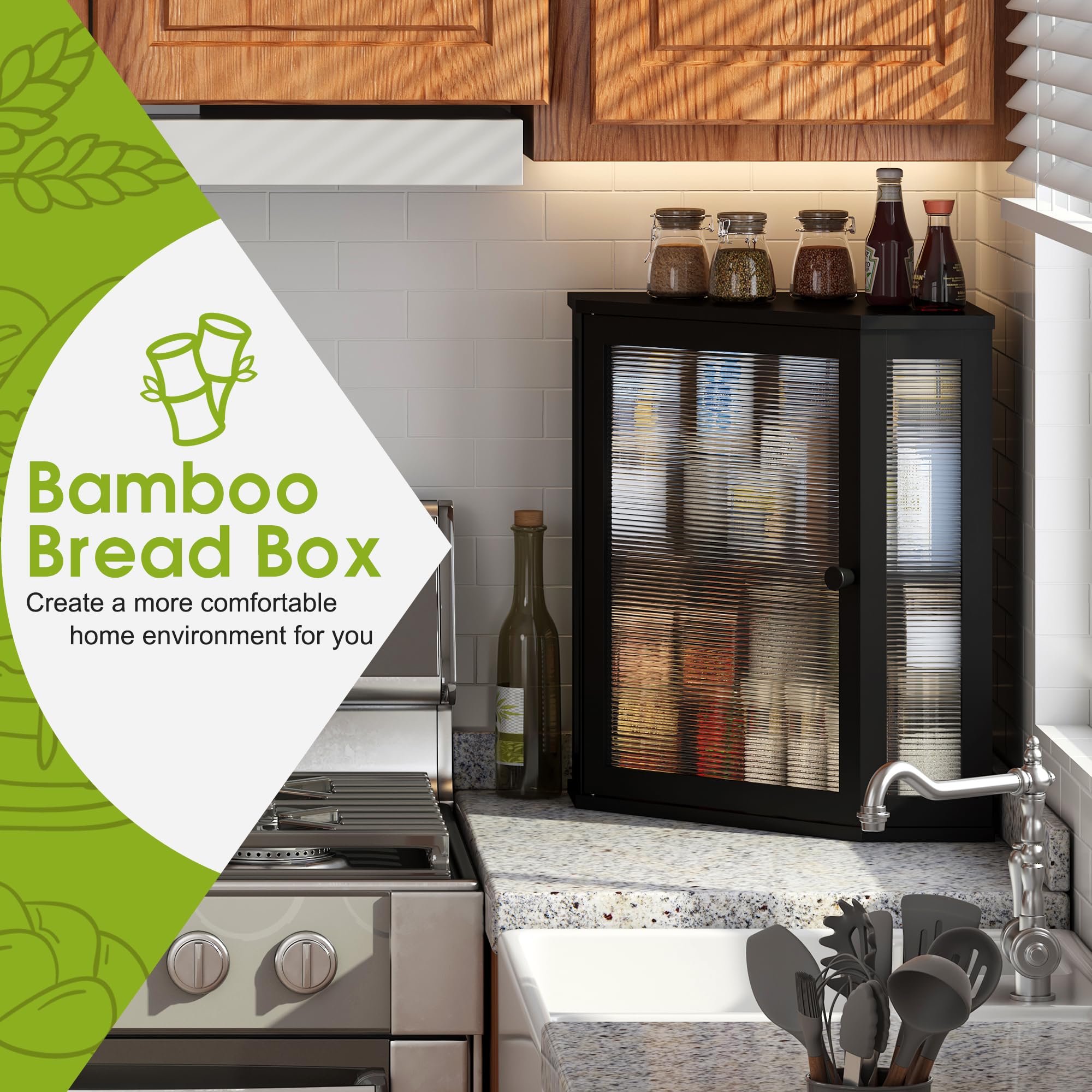 BMOSU Corner Bread Box for Kitchen Countertop Double Layer Bamboo Wooden Bread box Large Capacity Bread Storage Bin(Black, Extra Large)