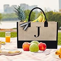 Vista 14 de TOPDesign Personalized Initial Canvas Beach Bag, Monogrammed Gift Tote Bag for Women Negro y marrón