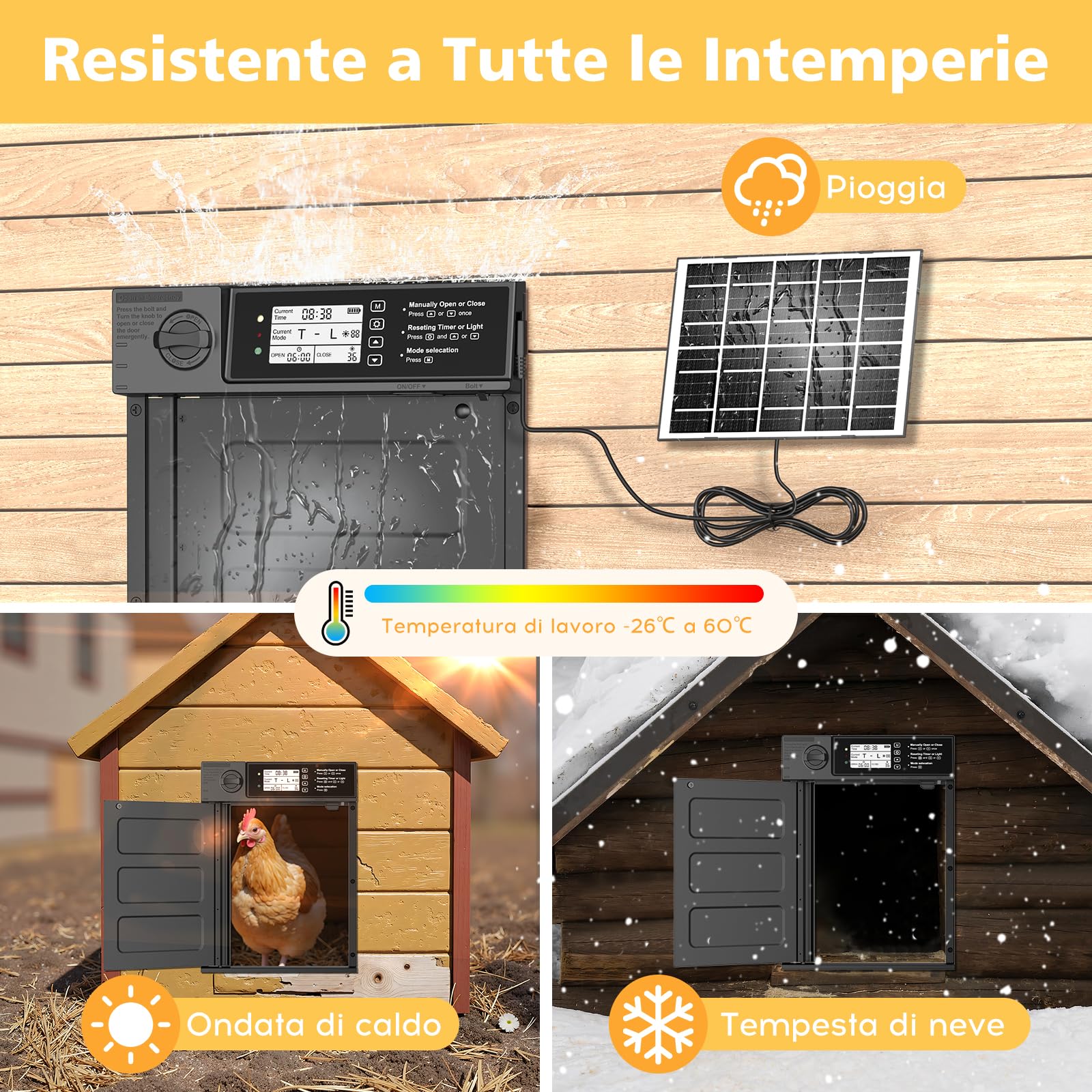 Grande Dimensione Apriporta Automatico per Polli Solare, Apriporta per Polli in Alluminio Apertura Laterale Automatica, Porta Elettrica per Polli con Pannello Solare da 7W, Display LED