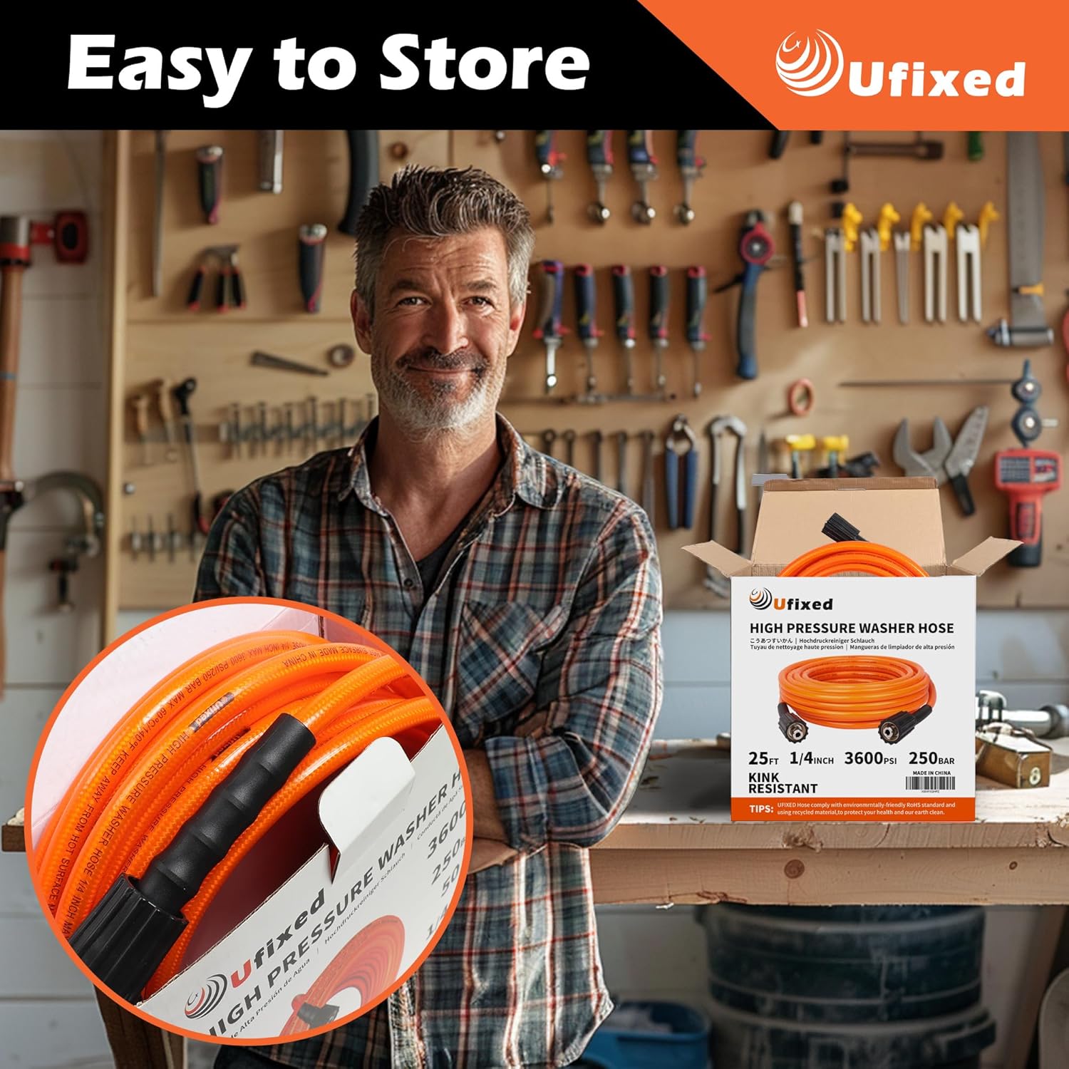 1/4 Pressure Washer Hose 25FT 3600 PSI with M22 14MM Solid Brass Fitting, Non Marking High Pressure Replacement Hose Light Weight Water Hose Orange-red