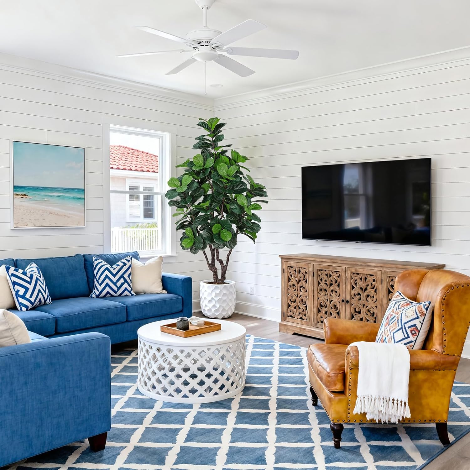 7FT Artificial Fiddle Leaf Fig Tree for Home Decor, Realistic Faux Plants Indoor Ficus Lyrata Trees in Pot, Fake Floor Plant for Living Room Office Christmas Housewarming Gift