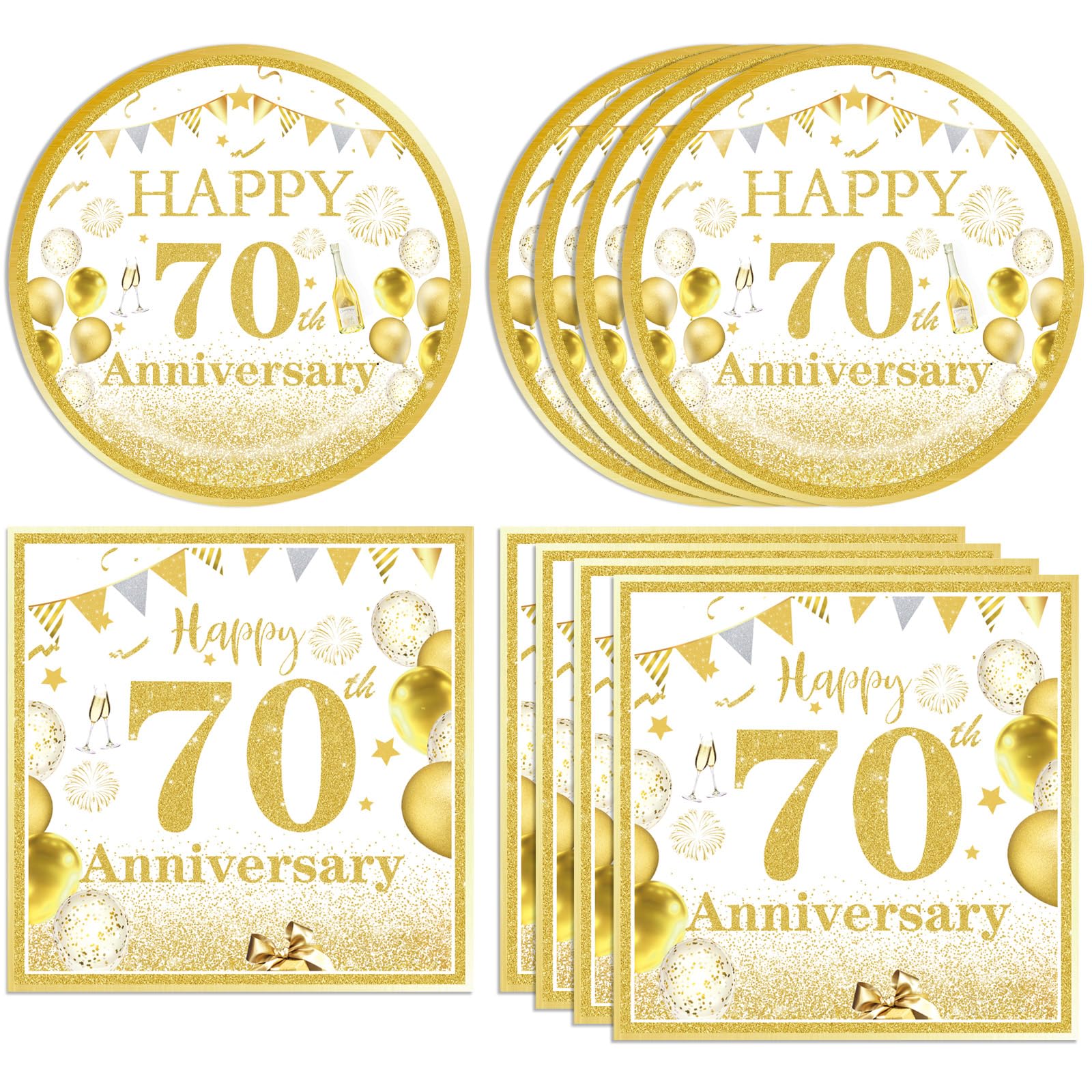 40PCS Gold 70th Birthday Party Decorations - Tableware Set with Plates & Napkins for 70 Year Old Birthday or Wedding Anniversary Celebration