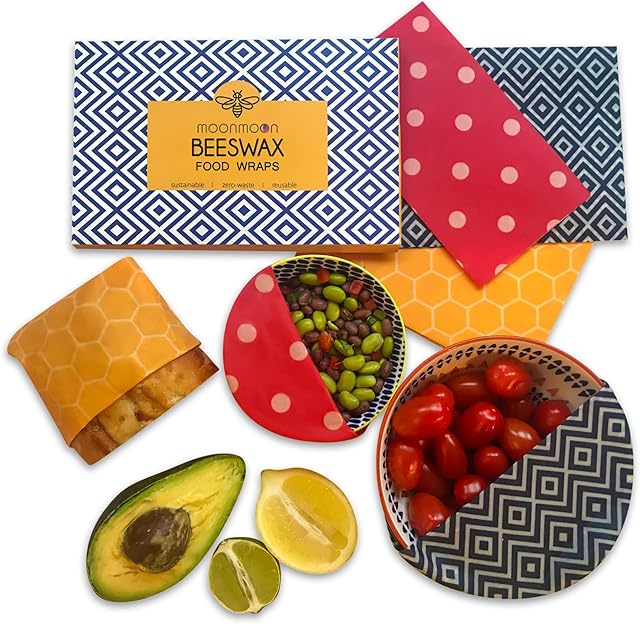 Moonmoon Beeswax Wraps - Organic Cotton. Reusable Food Wraps and Bowl Covers. Natural, Reusable & Eco Friendly Food Storage (3 Pack)