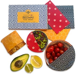 Moonmoon Beeswax Wraps - Organic Cotton. Reusable Food Wraps and Bowl Covers. Natural, Reusable & Eco Friendly Food Storage (3 Pack)
