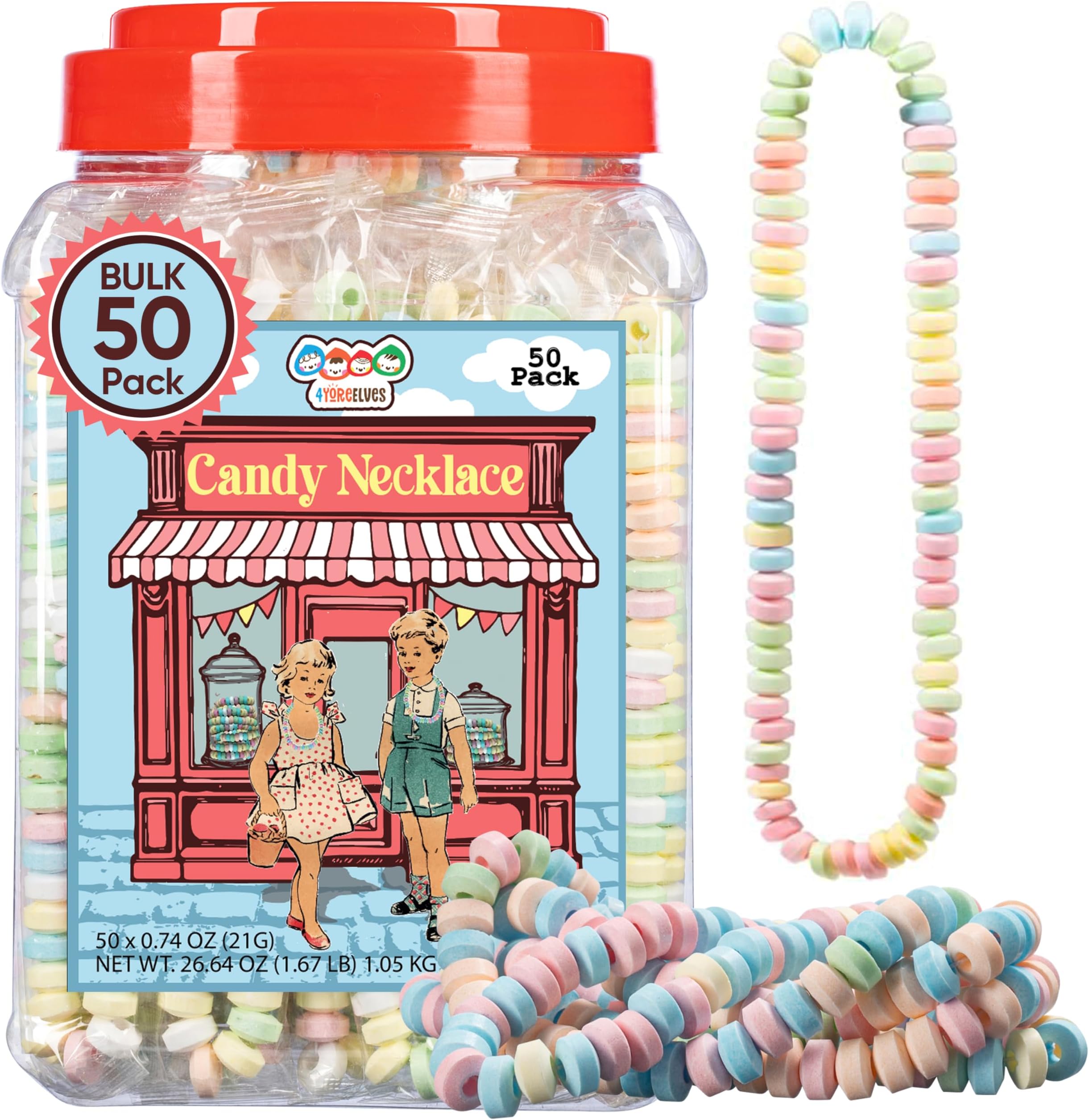 50 Candy Necklaces Individually Wrapped, Easter Candy, Choker Style Nostalgic Pastel Candy Jewelry, Perfect for Party Favors, Pinata Fillers and Goodie Bags, Packed in a Convenient Display Tub, By 4YoreElves