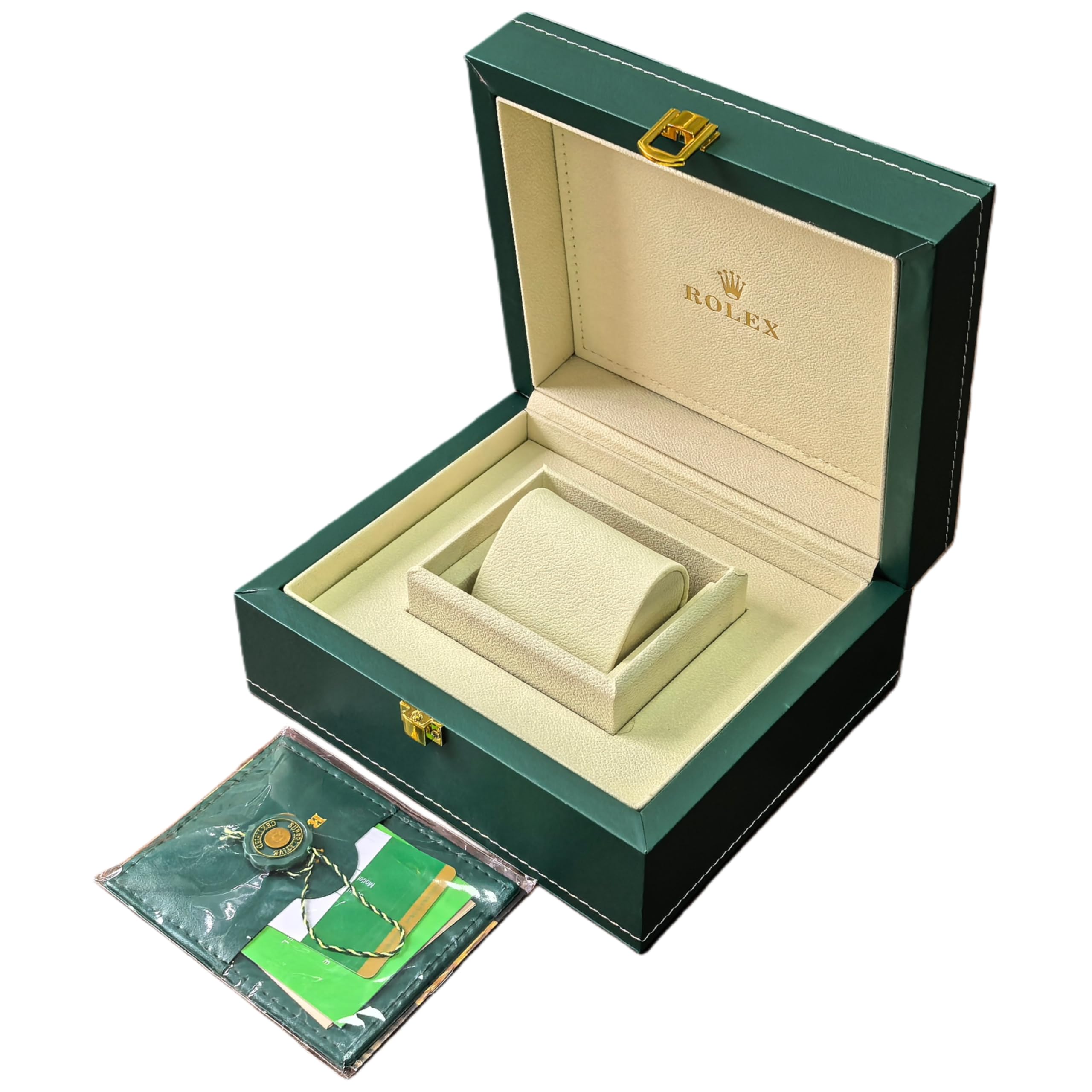Caja de Reloj Ranura Individual Estuche de Madera de Cuero PU Verde con Caja Exterior Y Bolsa para Rolex Oyster Perpetual