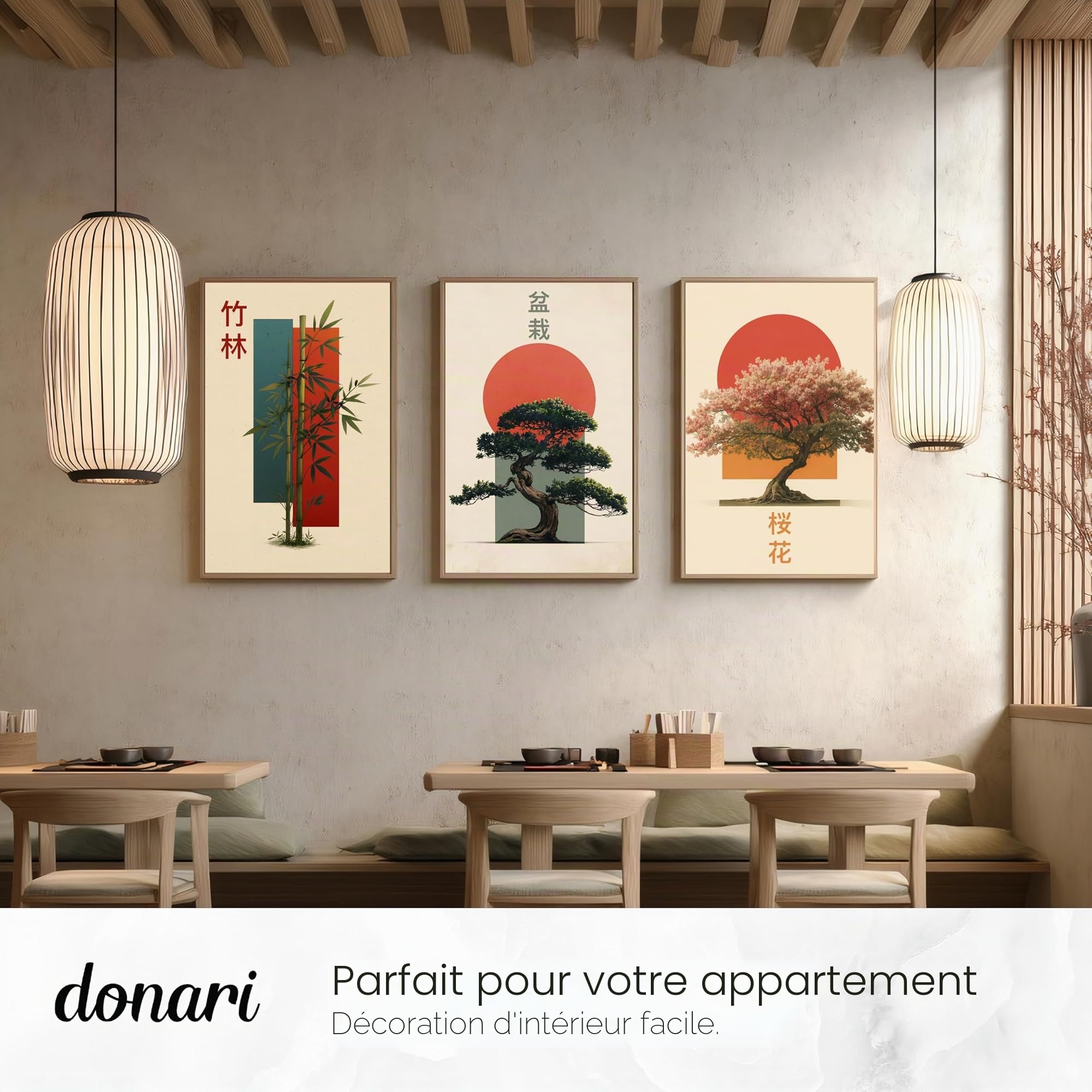 Donari Lot de posters japonais – Tableaux muraux avec motifs asiatiques | Kyoto, Tokyo & culture traditionnelle | Idée cadeau pour les fans du Japon (lot de 6 - Bonsaï x Bambou, 30x40 cm, Cadre noir)