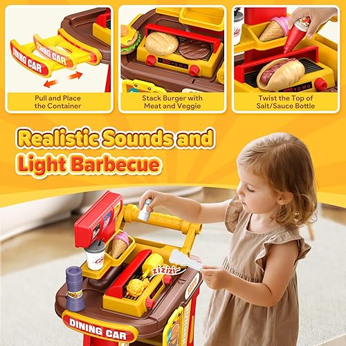 Miniatura 4 de Juego de cocina para niños, juego de comida de restaurante para niños pequeños con carrito, parrilla y delantal, accesorios de cocina con luces y