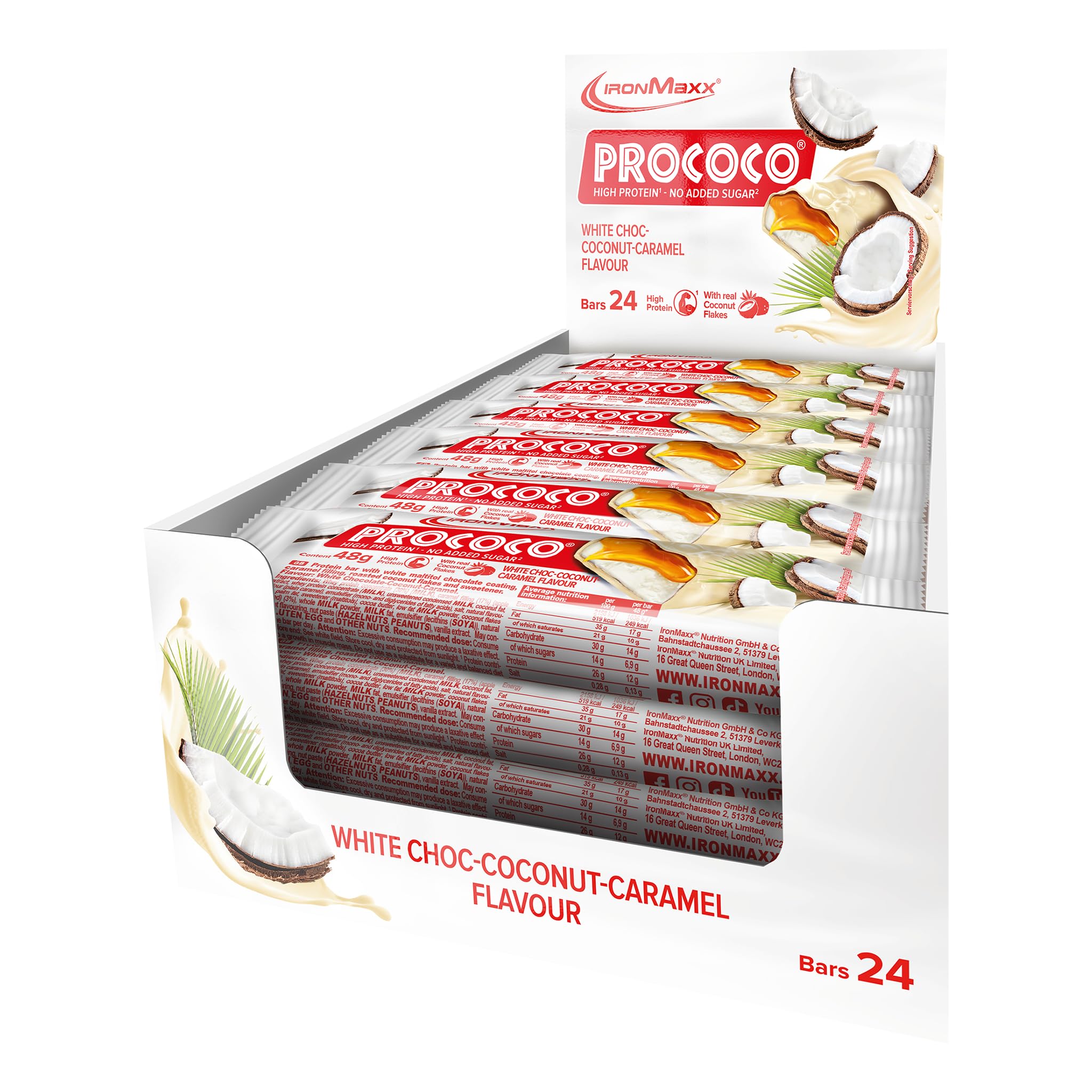IronMaxx Prococo - White Choc Coconut Caramel 24 x 48 g | High Protein Riegel mit Kokosraspeln | Ohne Zuckerzusatz | Ideal für unterwegs