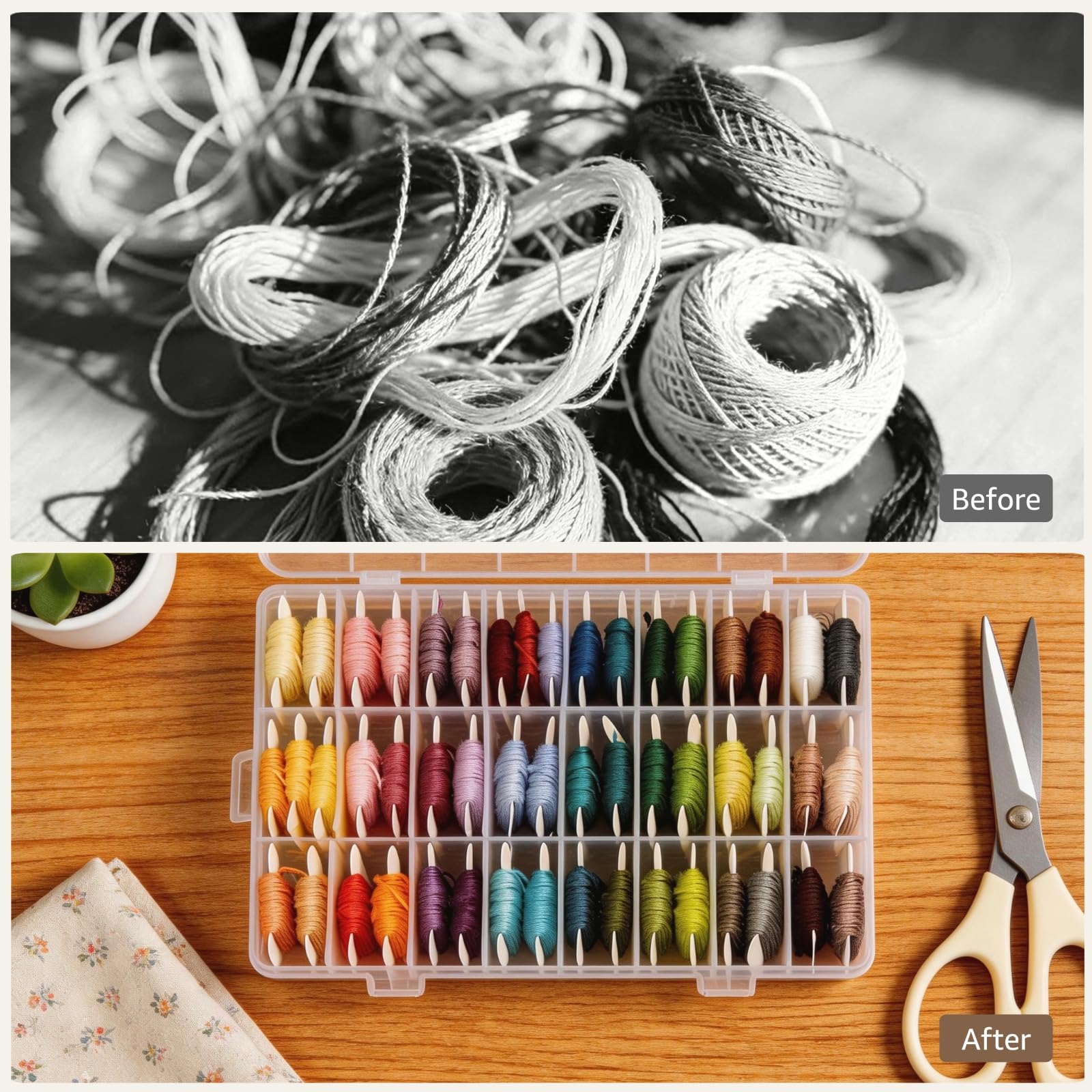 Stickgarn Organizer Set, 3 Stk. 24-Fächer abnehmbare Klarsichtboxen, 500 Garnkarten, 1-500 Zahlaufkleber, 2 Handwickler und 2 Marker für Kreuzstich, DIY Nähen, Bastelprojekte