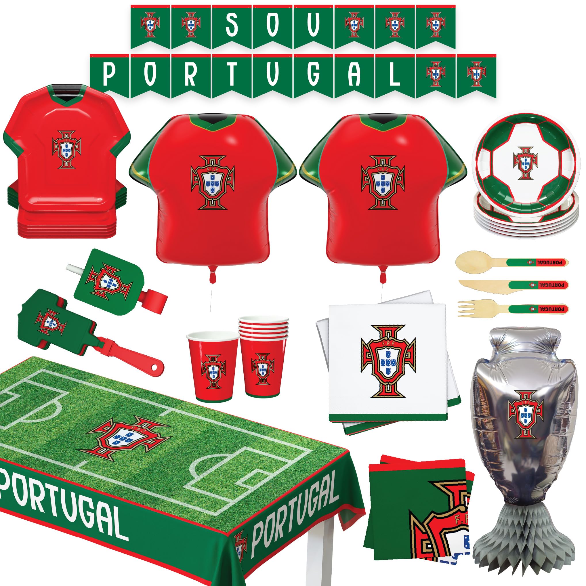 Portugal National Team Official 77-Piece Party Supplies Set for 6 Guests, Plates, Cups, Napkins, Cutlery, Jersey Balloons, Decorations, Matchday Fan Celebration Kit
