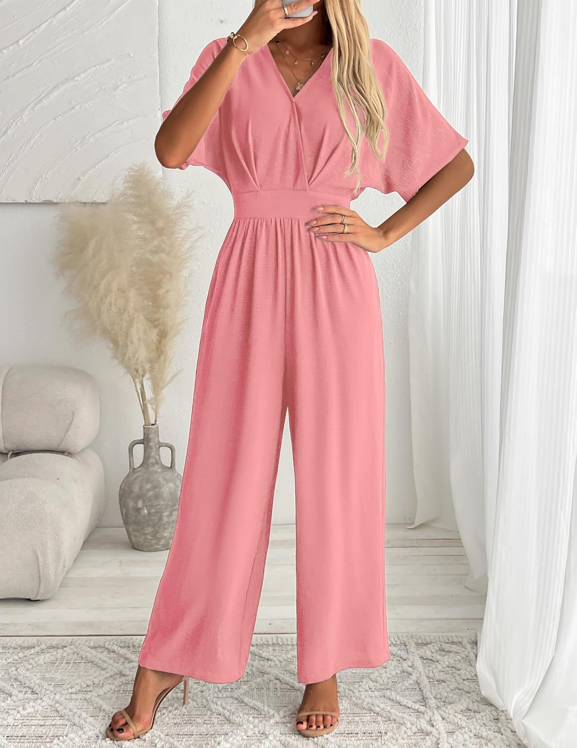 Jumpsuits for Women V Neck Elegant Dressy Casual One Piece Romper Batwing Sleeve Wide Leg Jumpsuit Outfits Pink L - Image 2