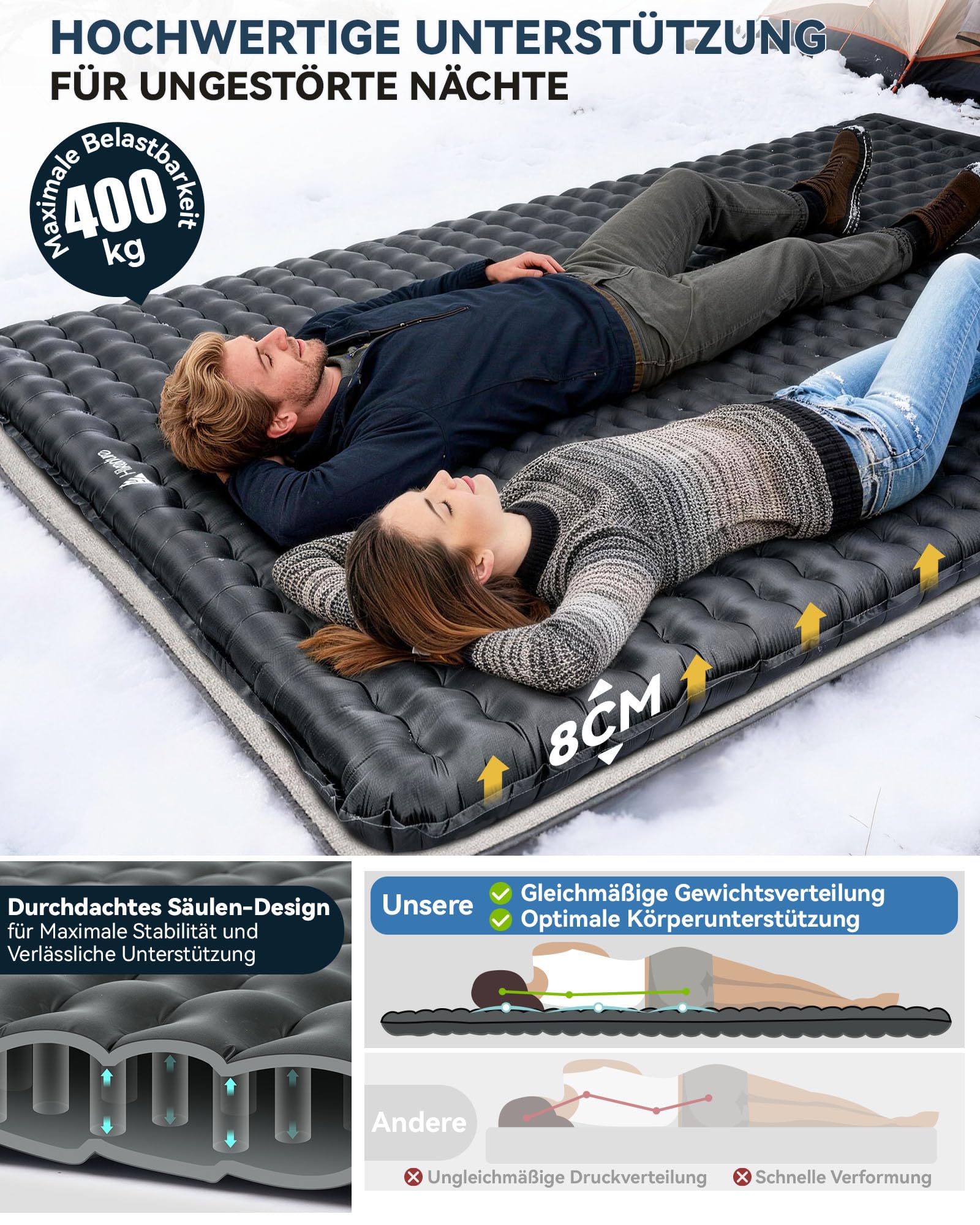 HIKENTURE 6,2 R Wert karimata kempingowa dla 2 osób, grubość 8 cm, podwójna nadmuchiwana karimata, materac kempingowy 140 x 200 cm, dmuchany materac na 4 pory roku, mata do spania na zewnątrz