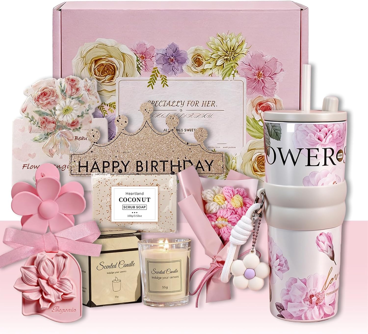 Birthday Gift for Women Friendship, Unique Birthday Basket for Women, Luxury Relaxing Self Care Gift Set for Mom Best Friend Her Sister Girlfriend, 24 oz Large-Capacity White Insulated Tumbler