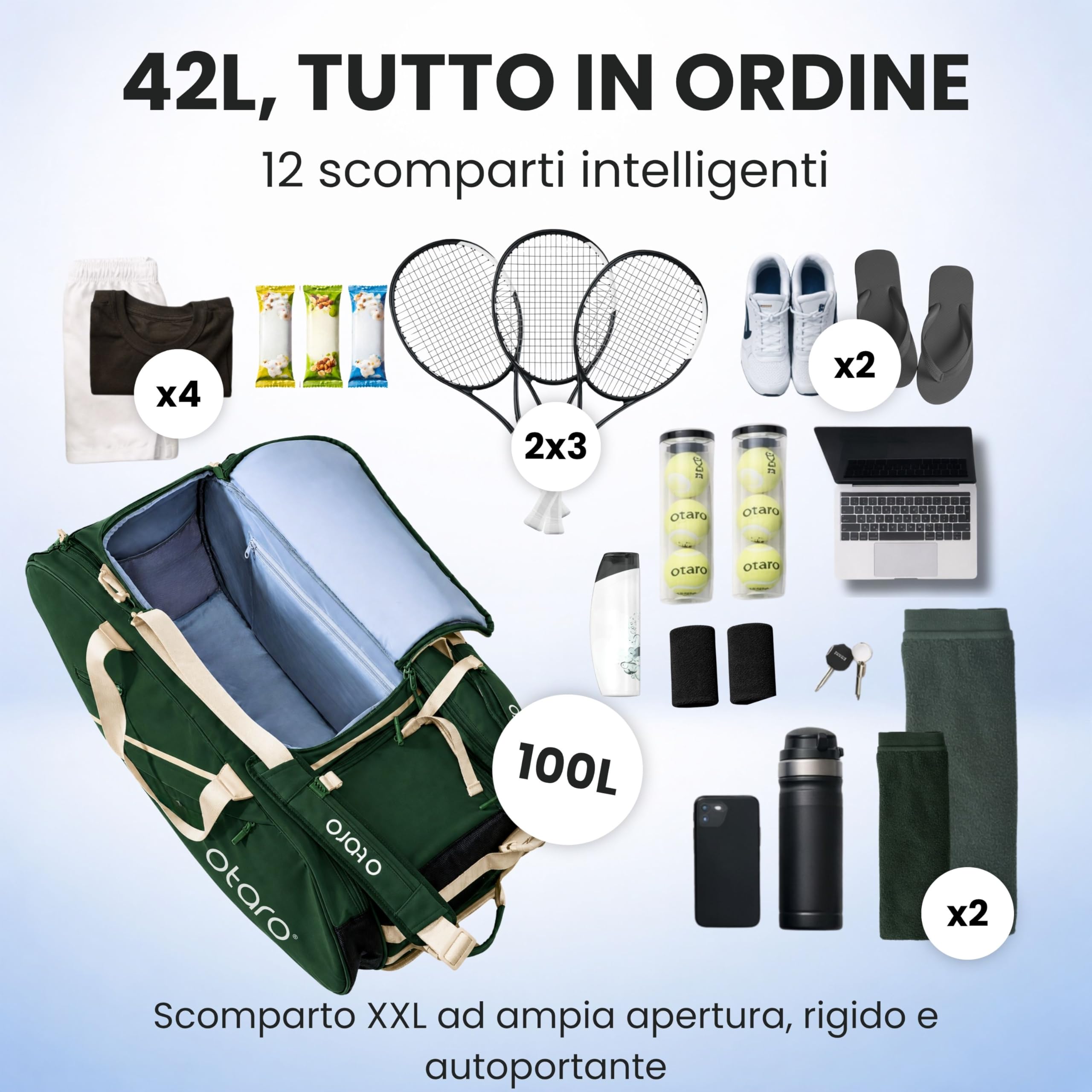 Otaro Borsa Tennis 100L | Per 6 Racchette | 2 Vani Termici, Porta Scarpe, Vano Laptop & Termico Bevande | Zaino Tennis con Sistema Trasporto 4 in 1 | Borsone Tennis per Allenamento e Torneo