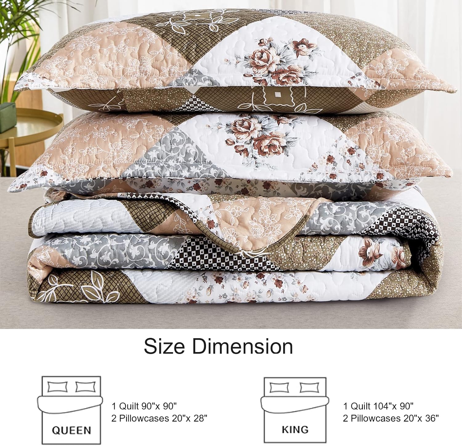 Dinjoy Floral Plaid Patchwork Quilt Set California King Size, Reversible Brown Bedding Set Soft Microfiber Lightweight Bedspread Coverlet 3 Piece Fall Autumn Use(106x96 inches, Cal King)