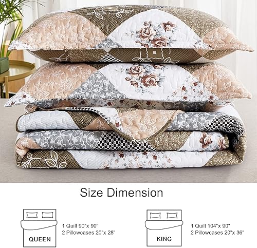 Miniatura 6 de Dinjoy Juego de edredón de retazos a cuadros florales, tamaño California King, juego de ropa de cama reversible marrón, microfibra suave y ligera,