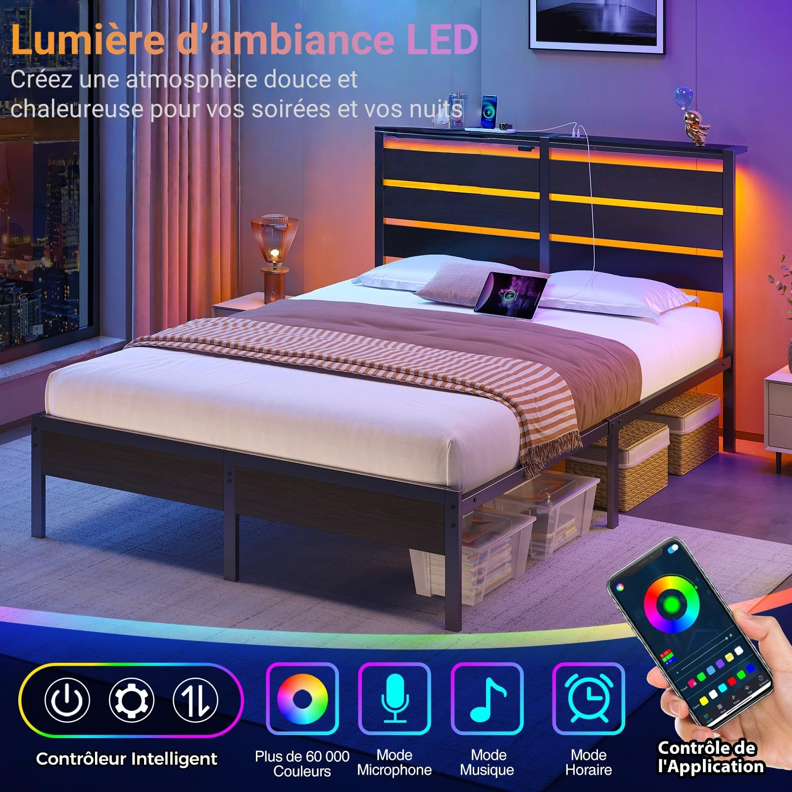 Rolanstar Lit 140x200 avec Sommier Métal, Cadre de Lit 2 Personnes avec Éclairage LED d’Ambiance, Ports USB & Type-C, Tête de Lit avec Rangement, Noir
