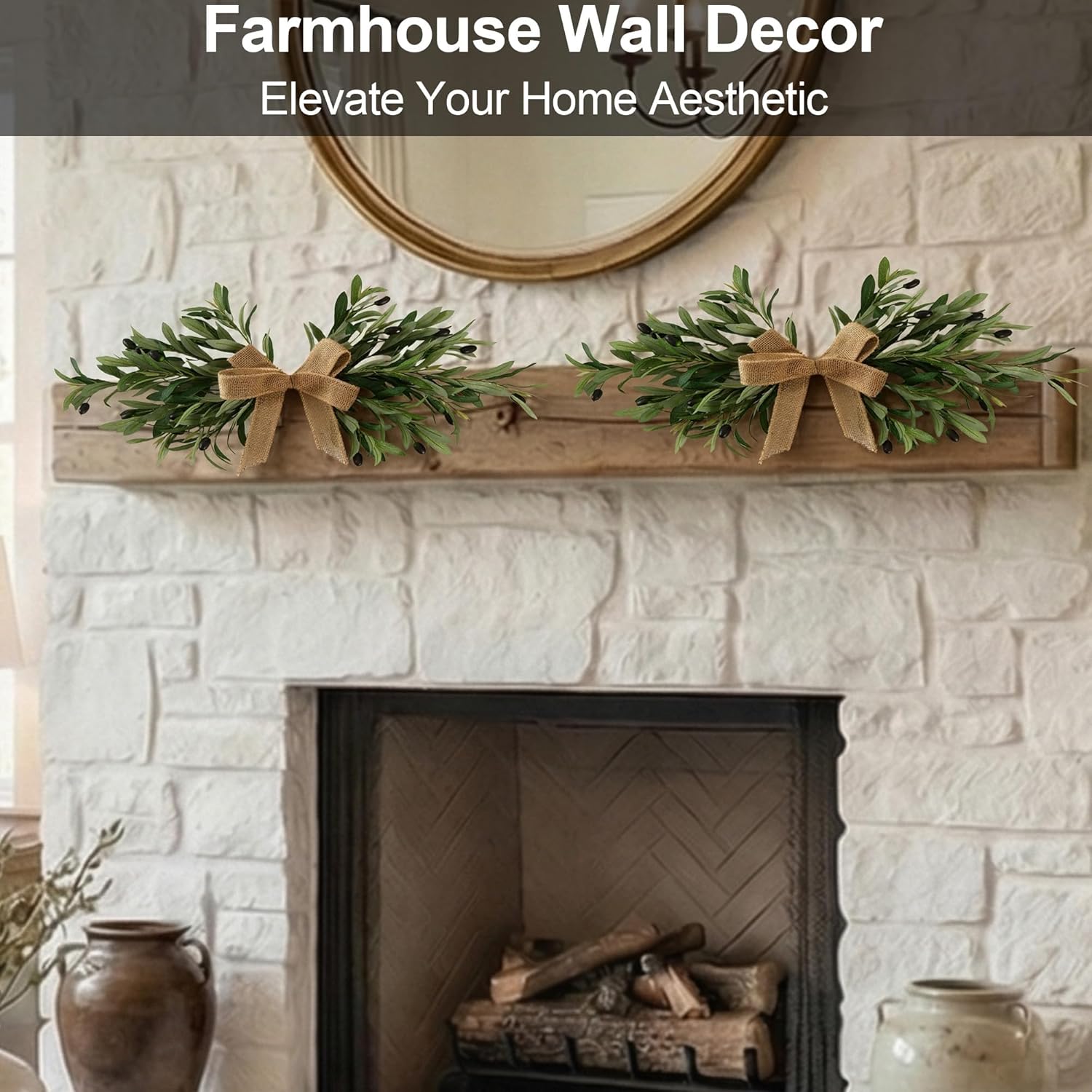 2 Pack 24" Artificial Olive Swag, Full Greenery Swag with Easy-Hang Burlap Bow, Flexible Realistic Olive Branch Wreath for Front Door, Wedding Arch, Wall, Farmhouse Home Decor