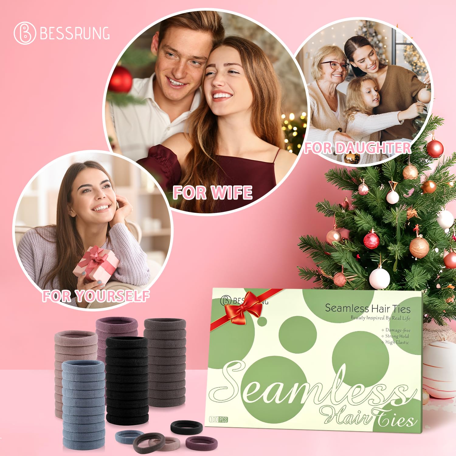 100 Pcs Thick Seamless Hair Ties, Ponytail Holders Hair Accessories No Damage for Thick Hair Christmas Gift(Dark Brown Colors)