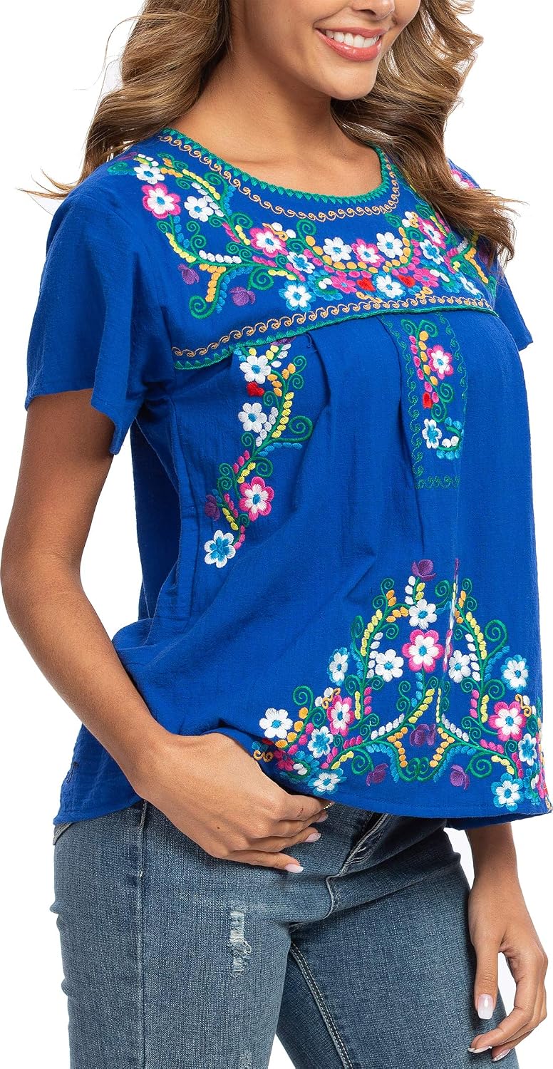 YZXDORWJ Women's Embroidered Mexican Peasant Blouse Mexico Summer Shirt Short Sleeve