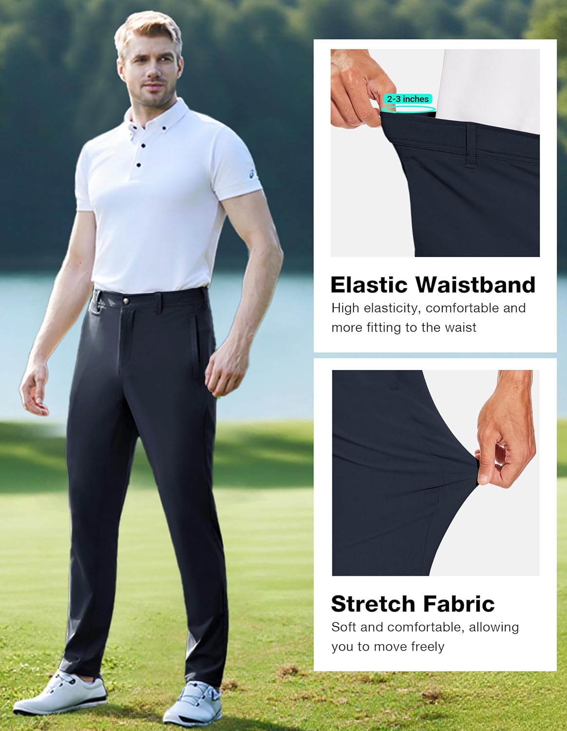 SPECIALMAGIC Golf Pants Men Stretch Slim Fit 5 Pockets Relaxed Fit Lightweight Dress Casual Tapered Zipper 40 Navy Blue - Image 4