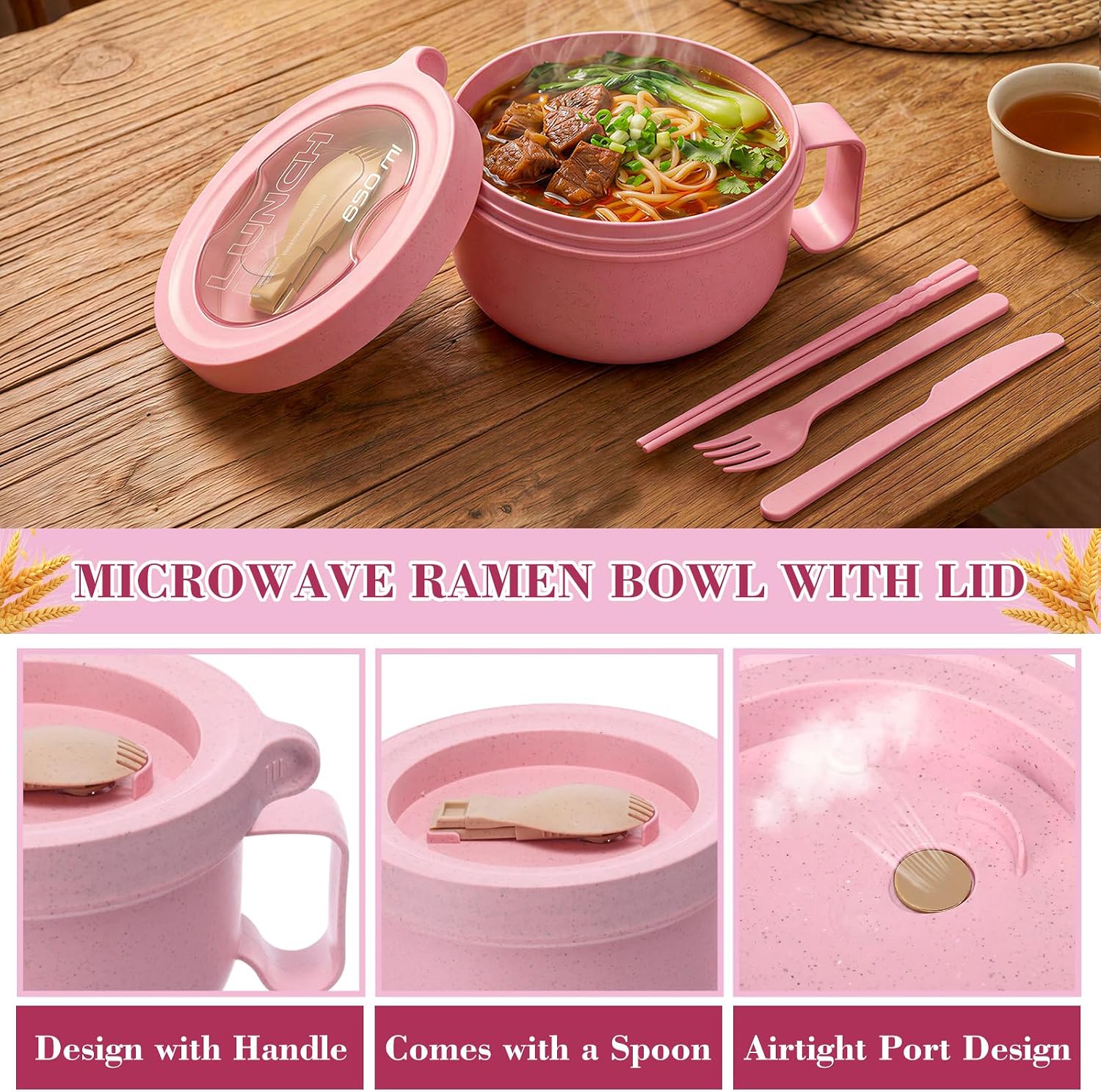 FoldTier 18 Pcs Wheat Straw Ramen Bowl Dinnerware Sets Plates Sets for 2 Kitchen School Dishes College Dorm Room Cutlery Essential Microwave Safe Cups and Cutlery Box for Apartment Outdoor Camping image 4