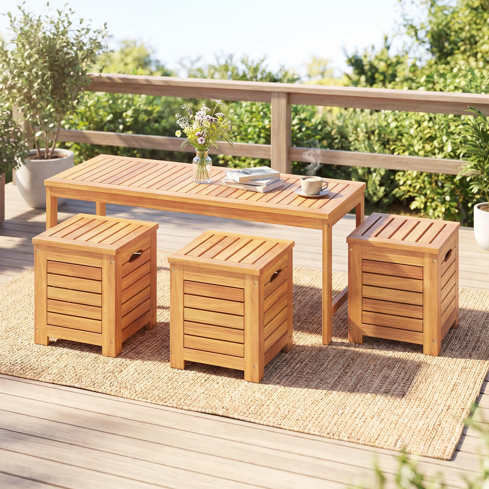 COSTWAY Banco Jardín de Madera Acacia con 3 Cajas de Almacenamiento, Banco Exterior sin Respaldo con Listones, Cajas de Tapa, Terraza Porche Balcón Piscina, 115 x 45 x 46 cm