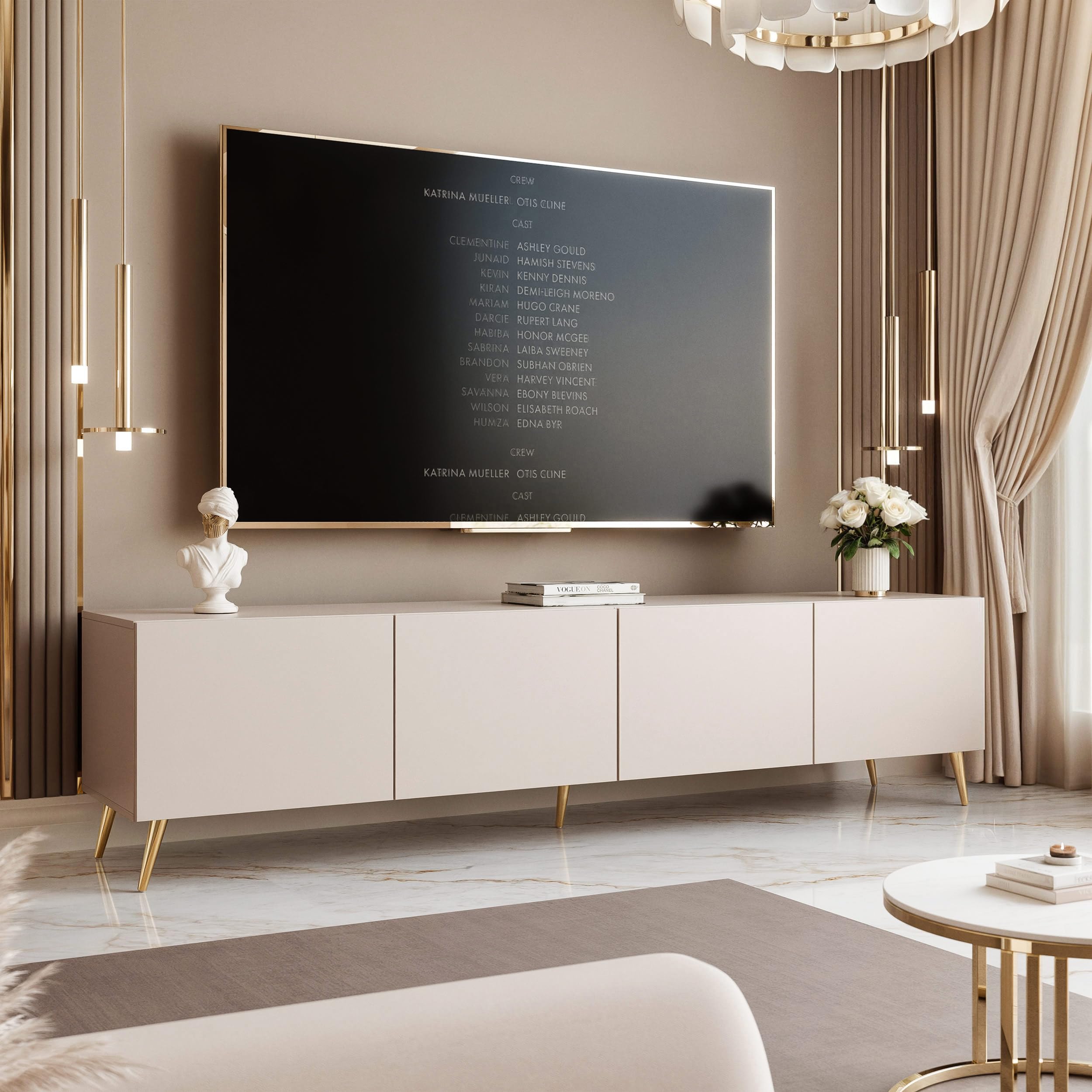 100/200/300 cm LED Meuble TV Cachemire avec Rangement et LED - Meuble TV Mural avec 4 Compartiments Spacieux