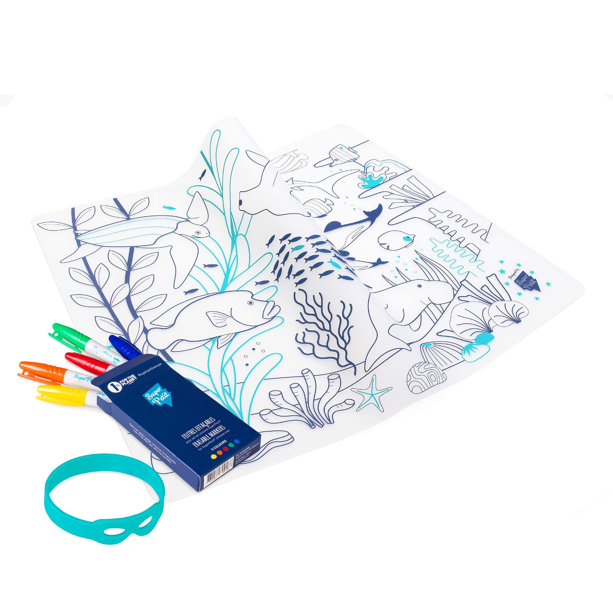 SUPER PETIT - Set De Table À Colorier - Corail - 5 Feutres Et Bracelet Fournis - Facile à Nettoyer - Réutilisable - Antibactérien - À Partir De 3 Ans