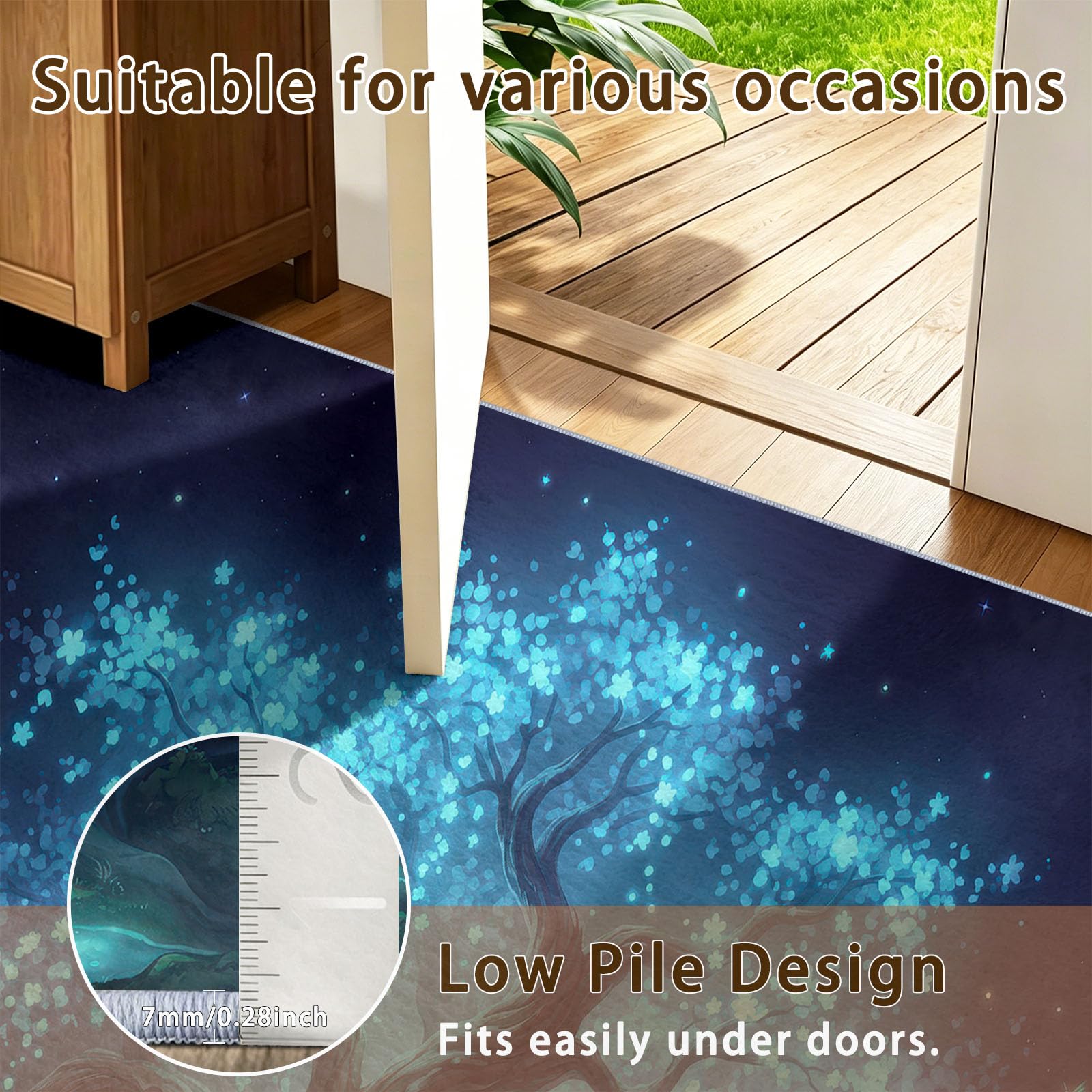 Tapis de Salon 160 x 230 cm, Bleu Onirique Forêt Poil Ras Tapis
