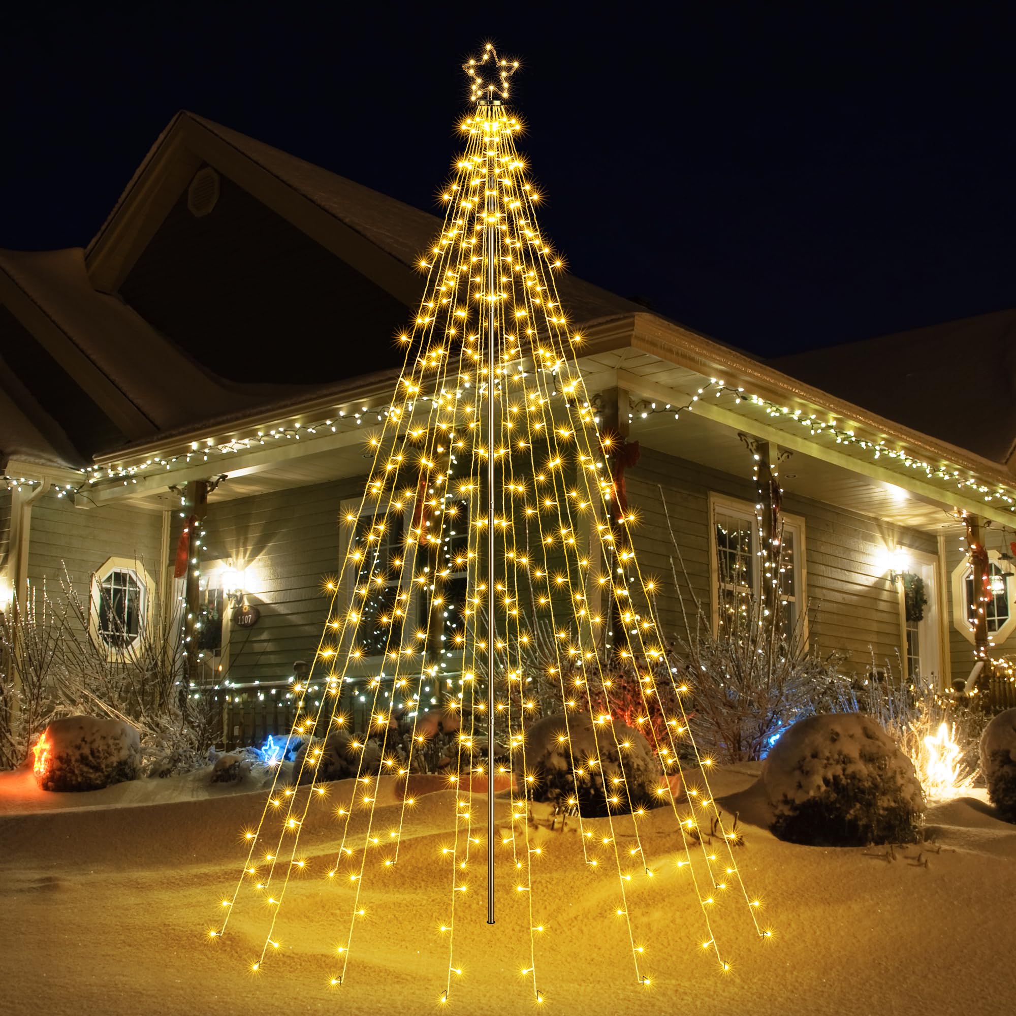iBaycon Luci Di Natale Per Esterni con Stella,3,87 m 568 Led Bianco Caldo | 16 Ghirlande Albero Di Natale Con Telecomando 8 Modalità Timer Dimmerabili Natalizia per Esterni Giardino Prato