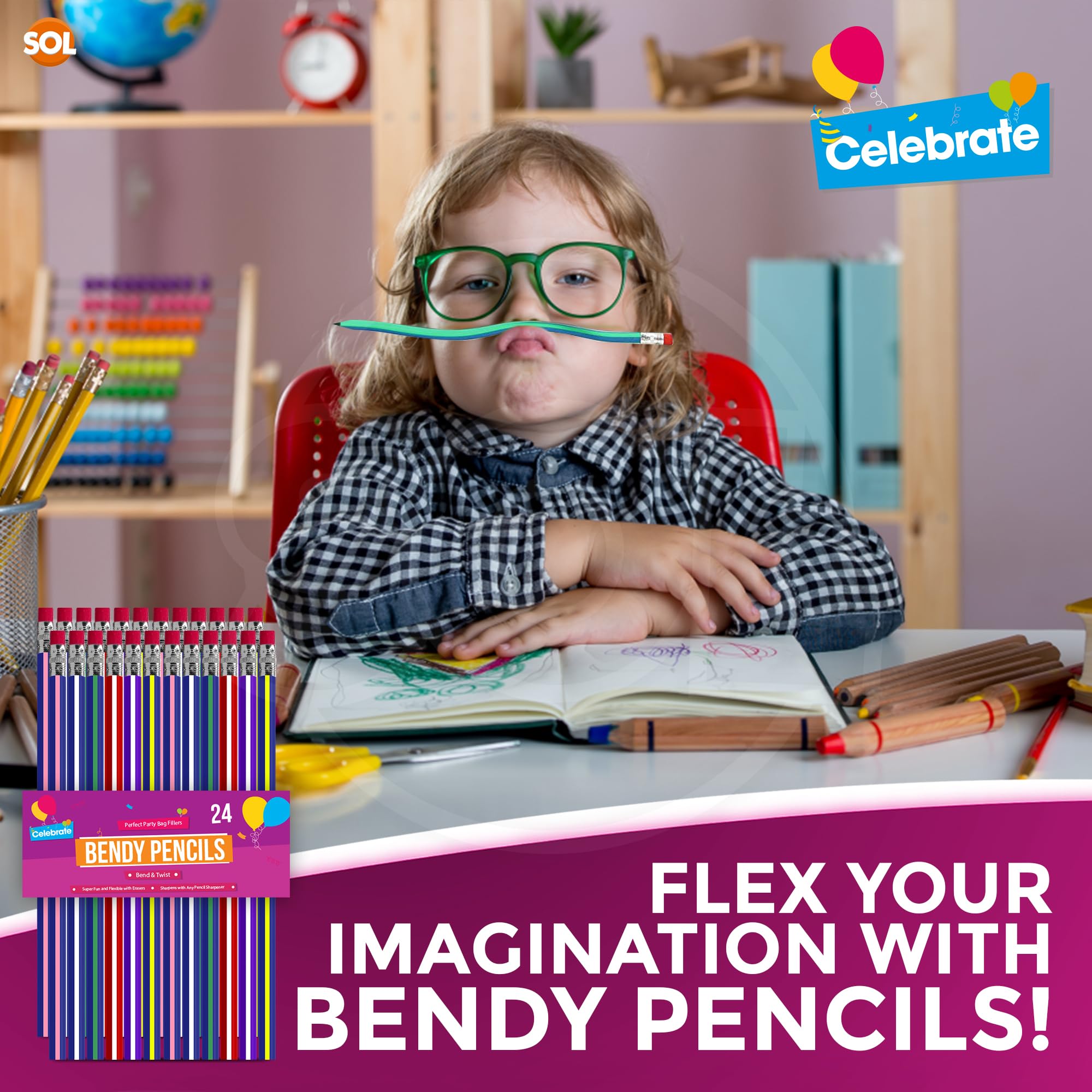 SOL 24pk Bendy Pencils, 18.5cm Flexible Novelty Writing Tools in Bright Colours, Ideal for Kids' Party Favours, Birthday Bags - Image 4