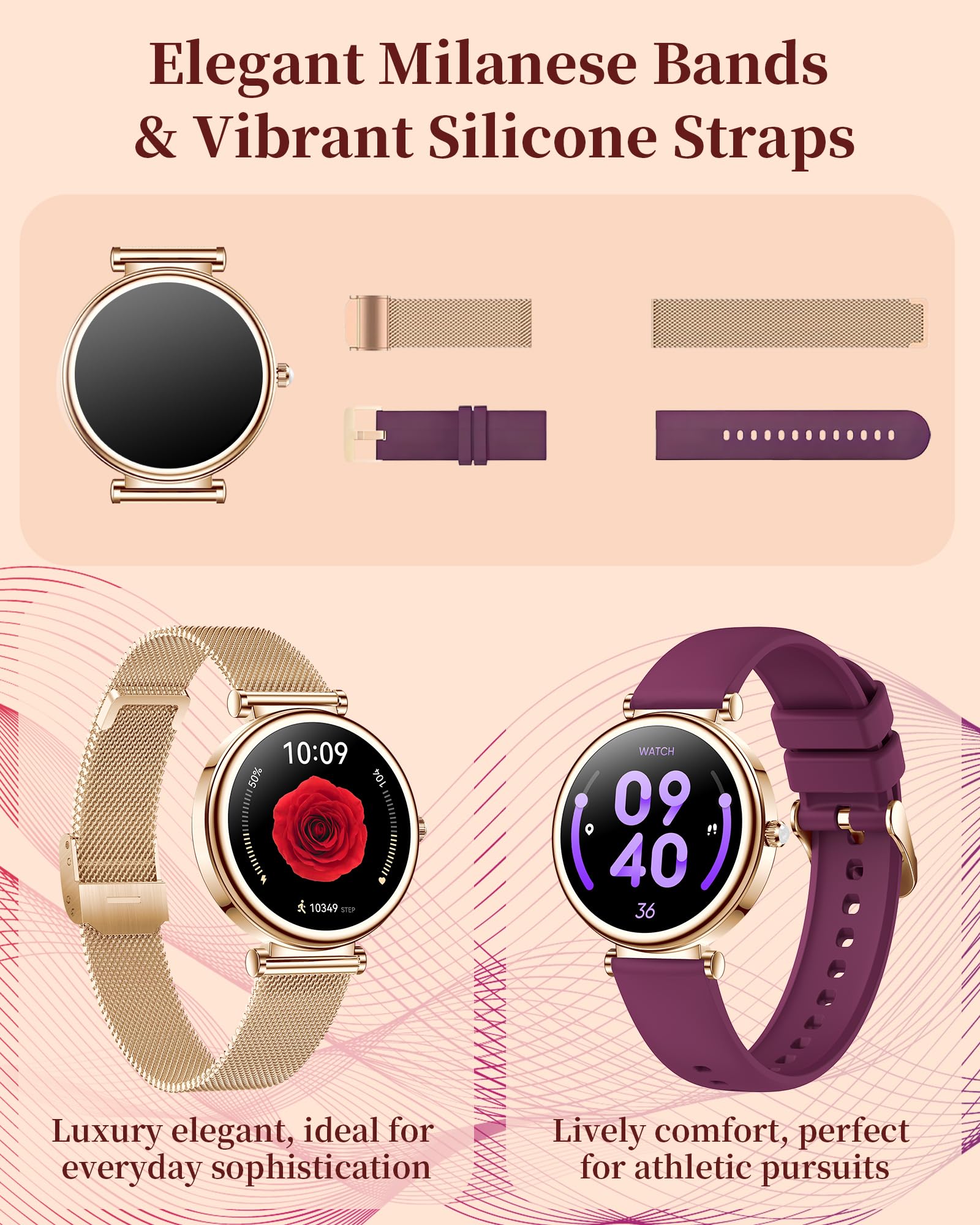 Reloj Inteligente para Mujer, Pantalla Táctil HD de 1,3 Pulgadas IP68 Resistente al Agua, Deportivo Smartwatch con Monitor de Ritmo Cardíaco, Podómetro, Oxímetro para Android iOS, Regalo