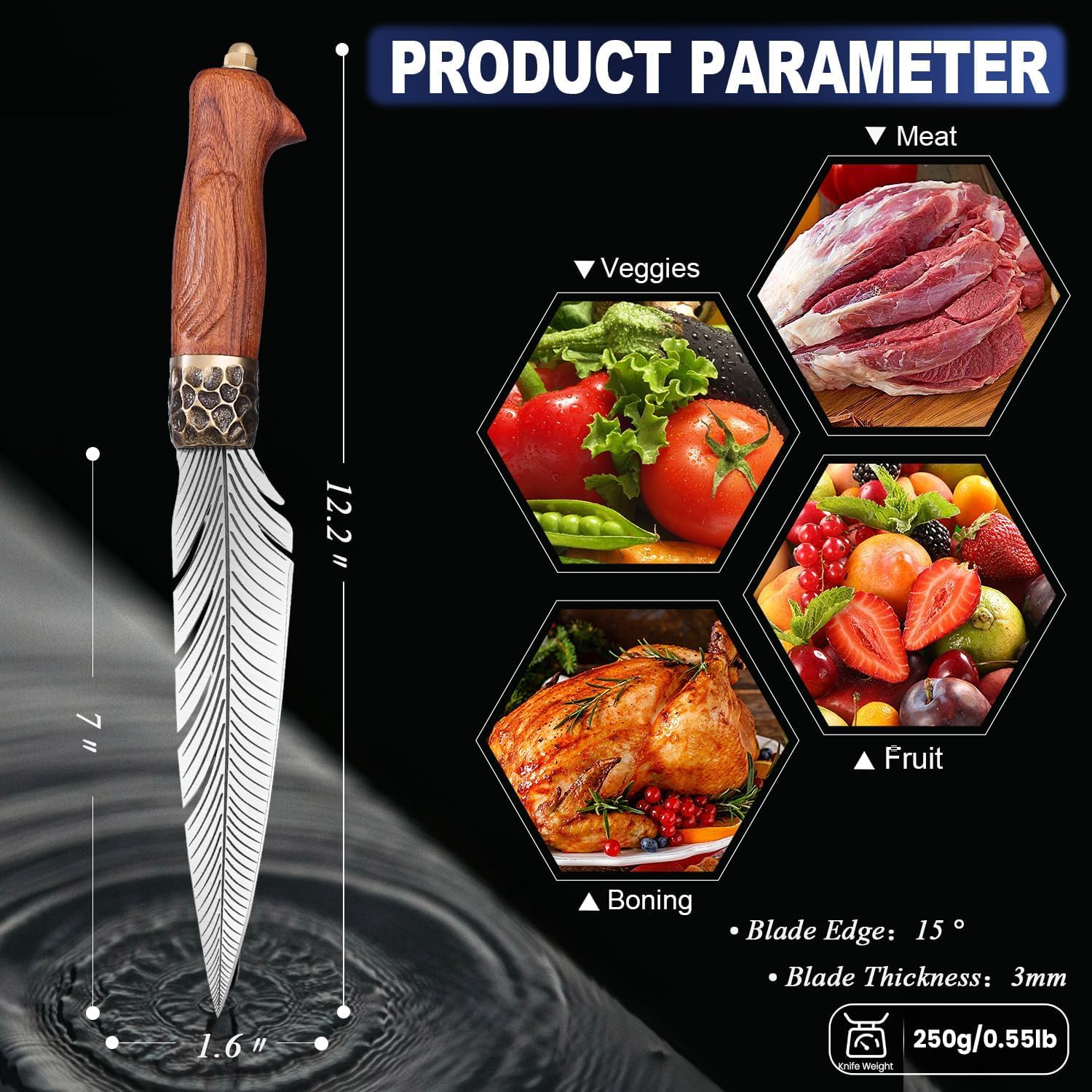 ROCOCO Feather Viking Knife Japanese Forged in Fire Boning Knife Fancy Kitchen Cleaver with Sheath Outdoor Camping BBQ Collection Birthday Thanksgiving Christmas Father Mother Gift 7"