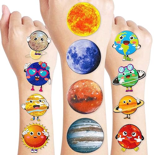 96 tatuajes temporales de planeta  Decoración de fiesta de cumpleaños temática de galaxia del espacio exterior, recuerdos del sistema solar,