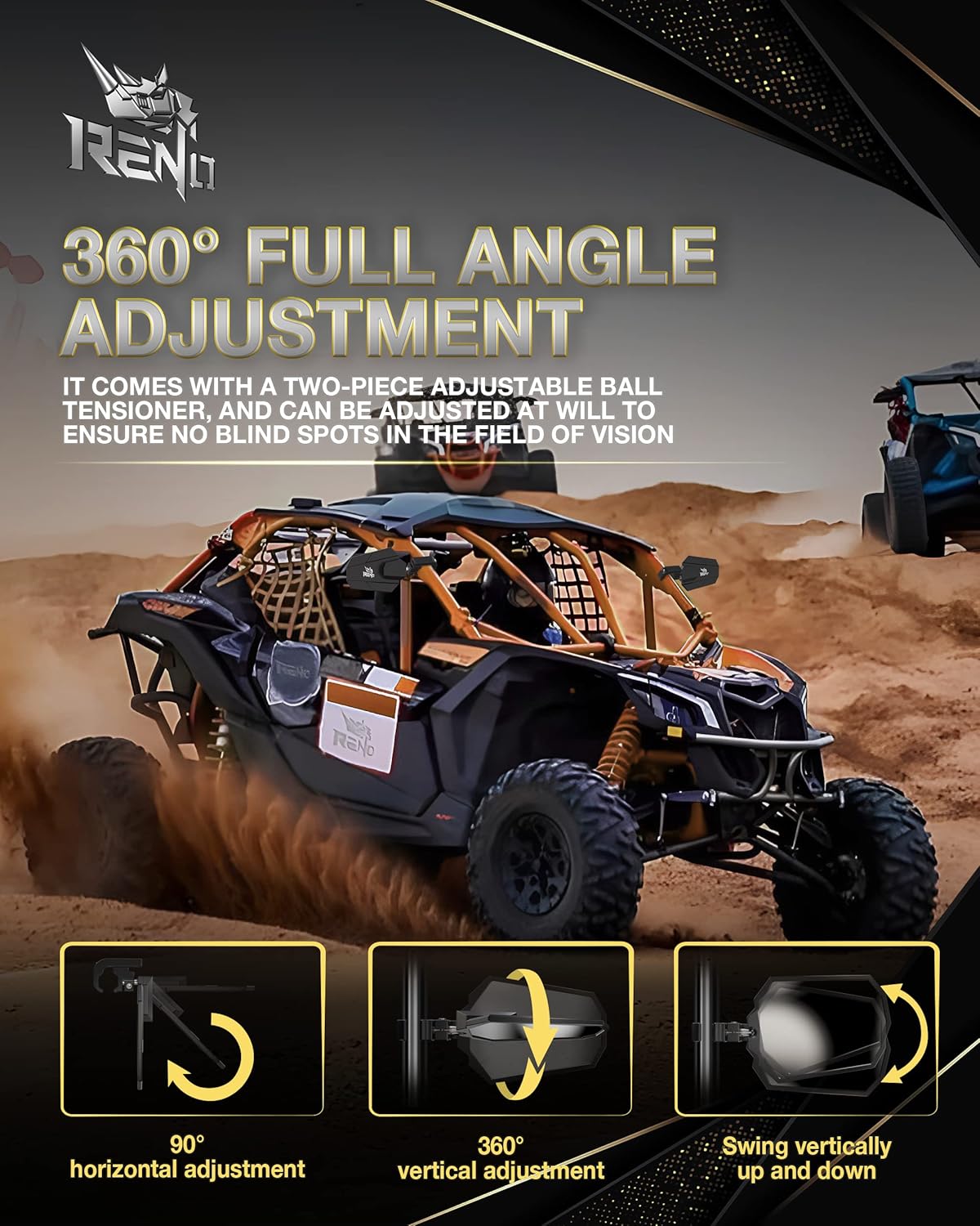RENO UTV Side Mirrors, Fits 1.25"-2" Roll Bar Cage CNC Aluminum Rear View Mirror Heavy-Duty Adjustable Bracket Compatible with Off-Road UTV RZR Ranger XP SXS MTV ATV Maverick (2 Pack)