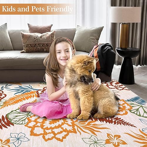 Miniatura 4 de Alfombra lavable de 9 x 12 pies, diseño floral, antideslizante, grande con acento botánico, para interiores, no desprende pelusa, alfombra de pelo