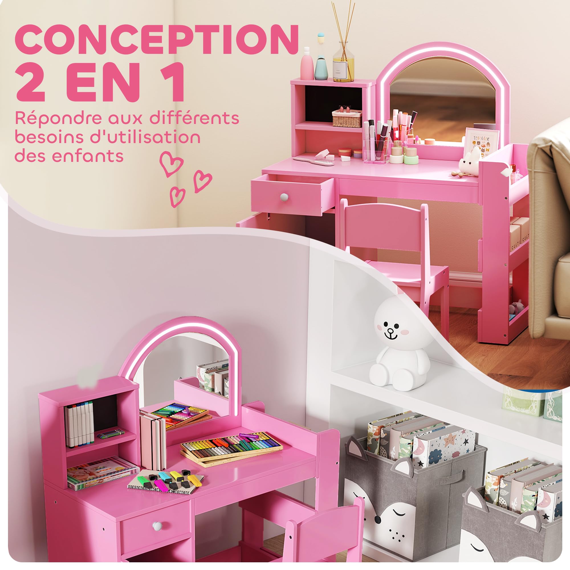 AIYAPLAY Tocador infantil con taburete y espejo LED, tocador de madera para niña con cajón, armario, 2 compartimentos abiertos y 3 estantes, mesa de maquillaje para niños de 3 a 8 años, rosa