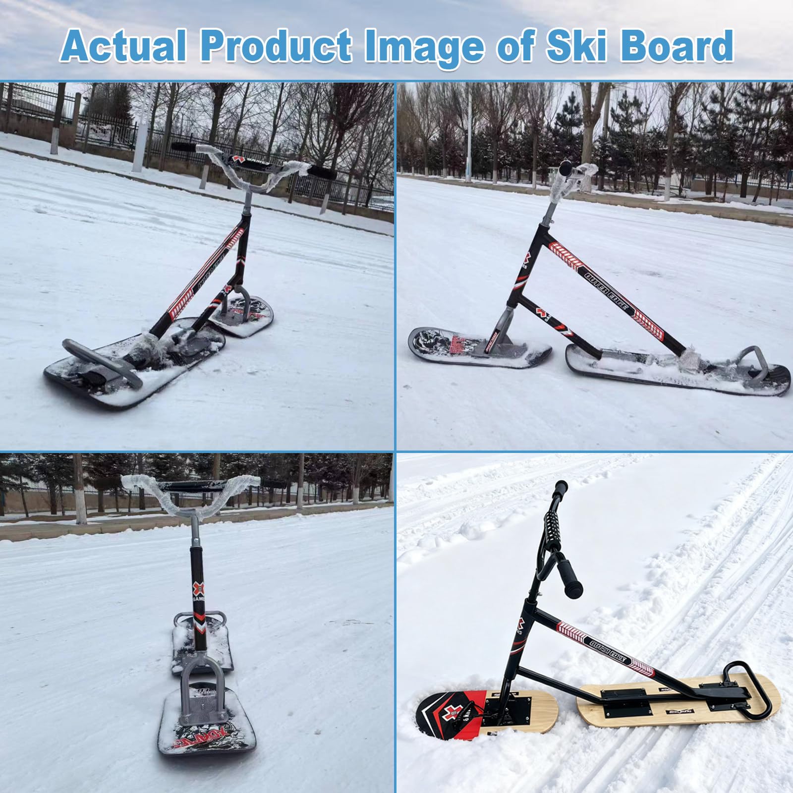 Monopattino Da Neve Per Adulti Adatto A Tutti I Terreni:Sterzo Agile A 360°,Telaio In Alluminio Rinforzato Con Doppie Lame,Supporta Fino A 150 kg,Per Piste Battute E Neve Farinosa Black