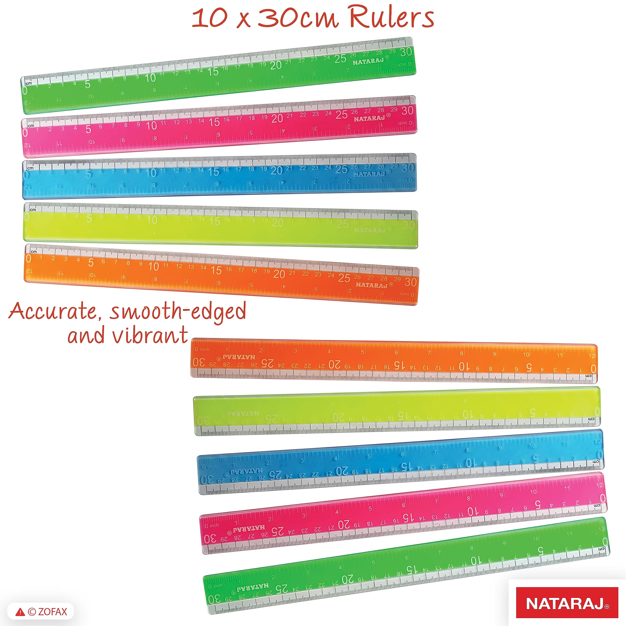 NatNeo 30cm 12inch Rulers, Multipack, Pack of 10, Transparent Coloured Plastic Rulers - Image 2