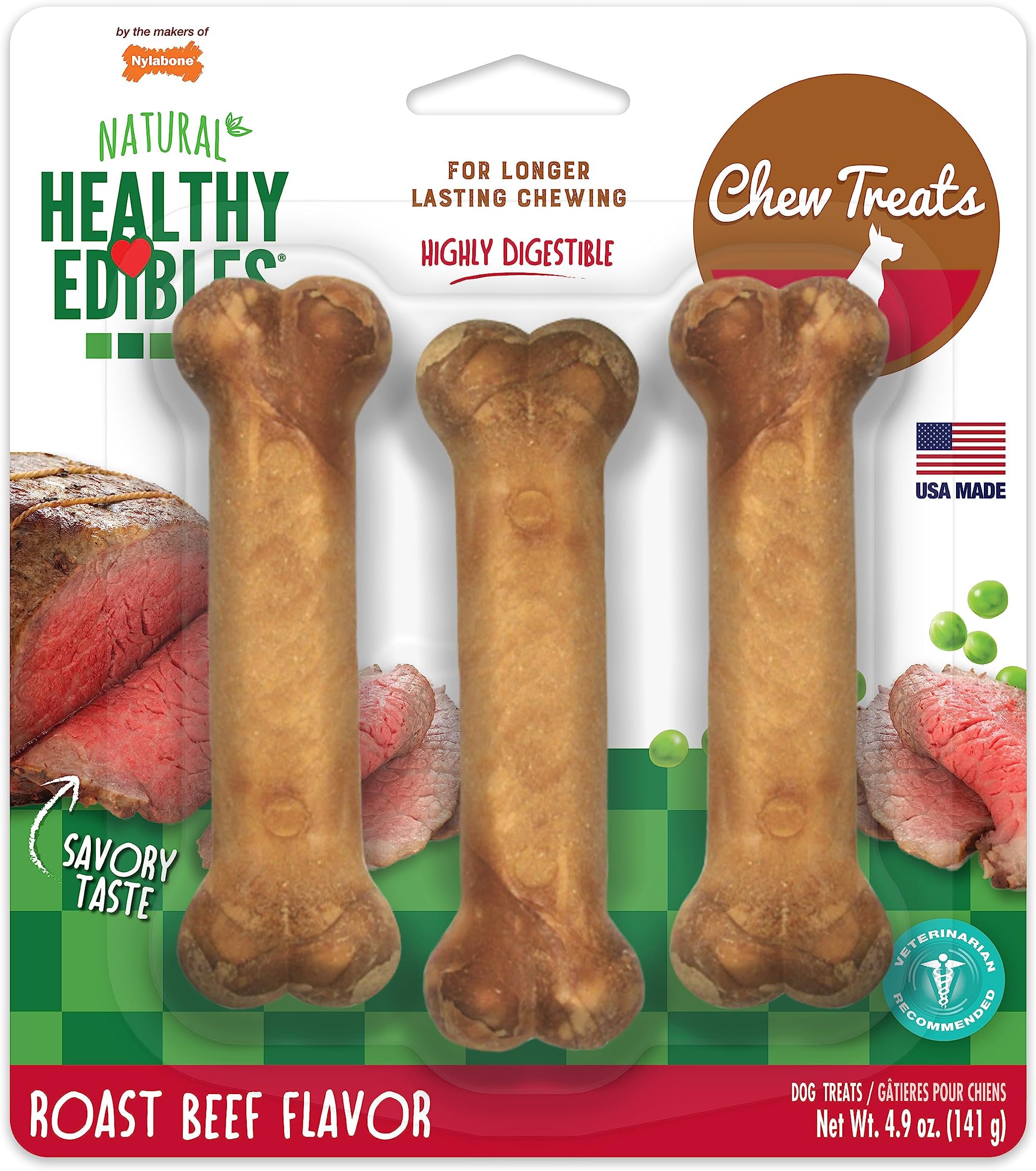 Nylabone Healthy Edible Longer Lasting Roast Beef Tasty Dog Chew Regular 3Pk