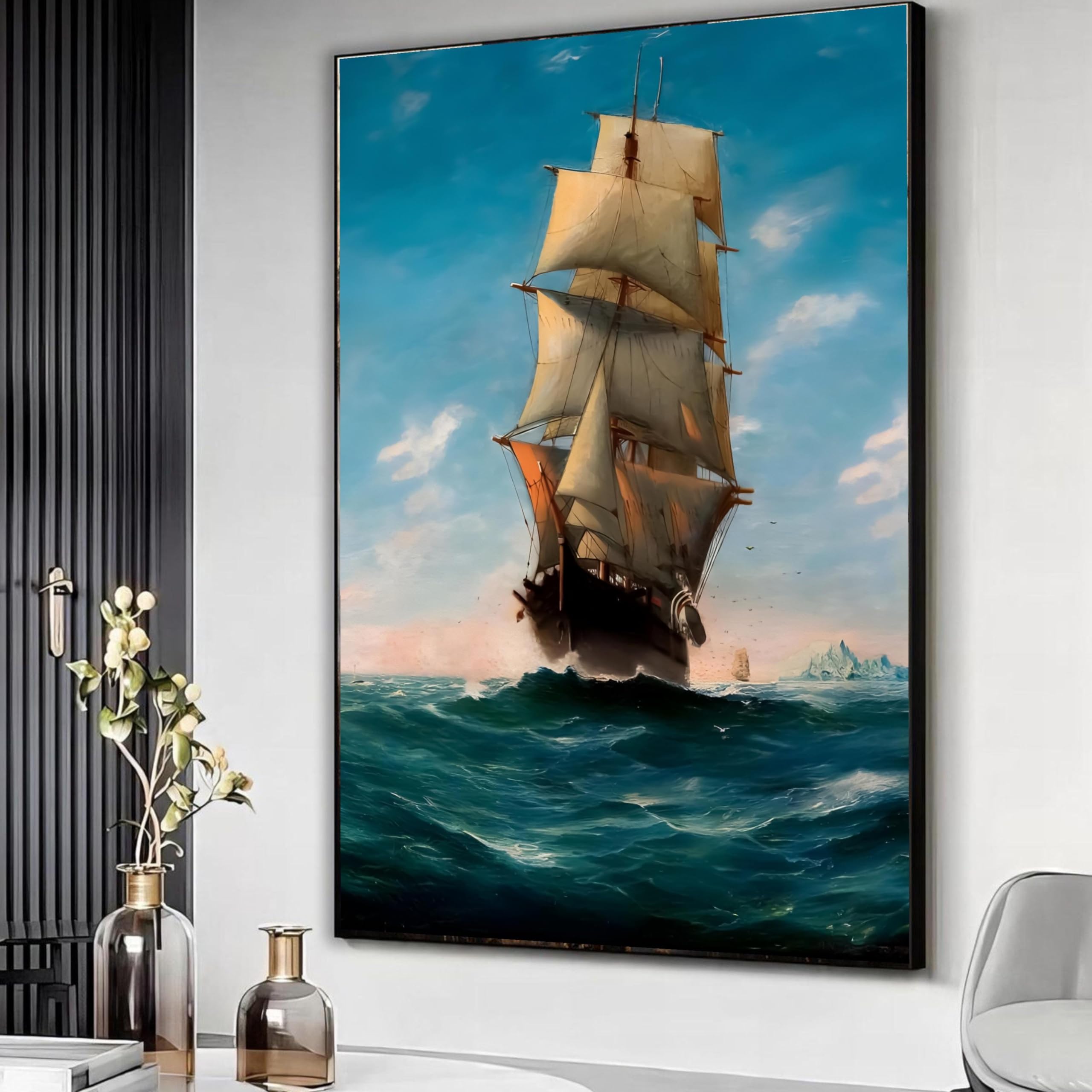 TONGYINLI Majestic Sailing Ship Oil Painting, Ocean Waves Wall Art, Nautical Canvas Prints, Vintage Tall Ship Artwork(60x80cm/Frameless)