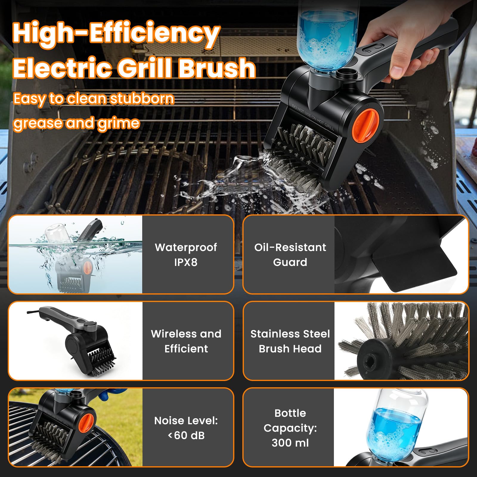 Cepillo eléctrico para barbacoa exterior, cepillo de limpieza inalámbrico para barbacoa con depósito de agua, cabezal de cepillo extraíble, herramienta de limpieza de barbacoa recargable tipo C para