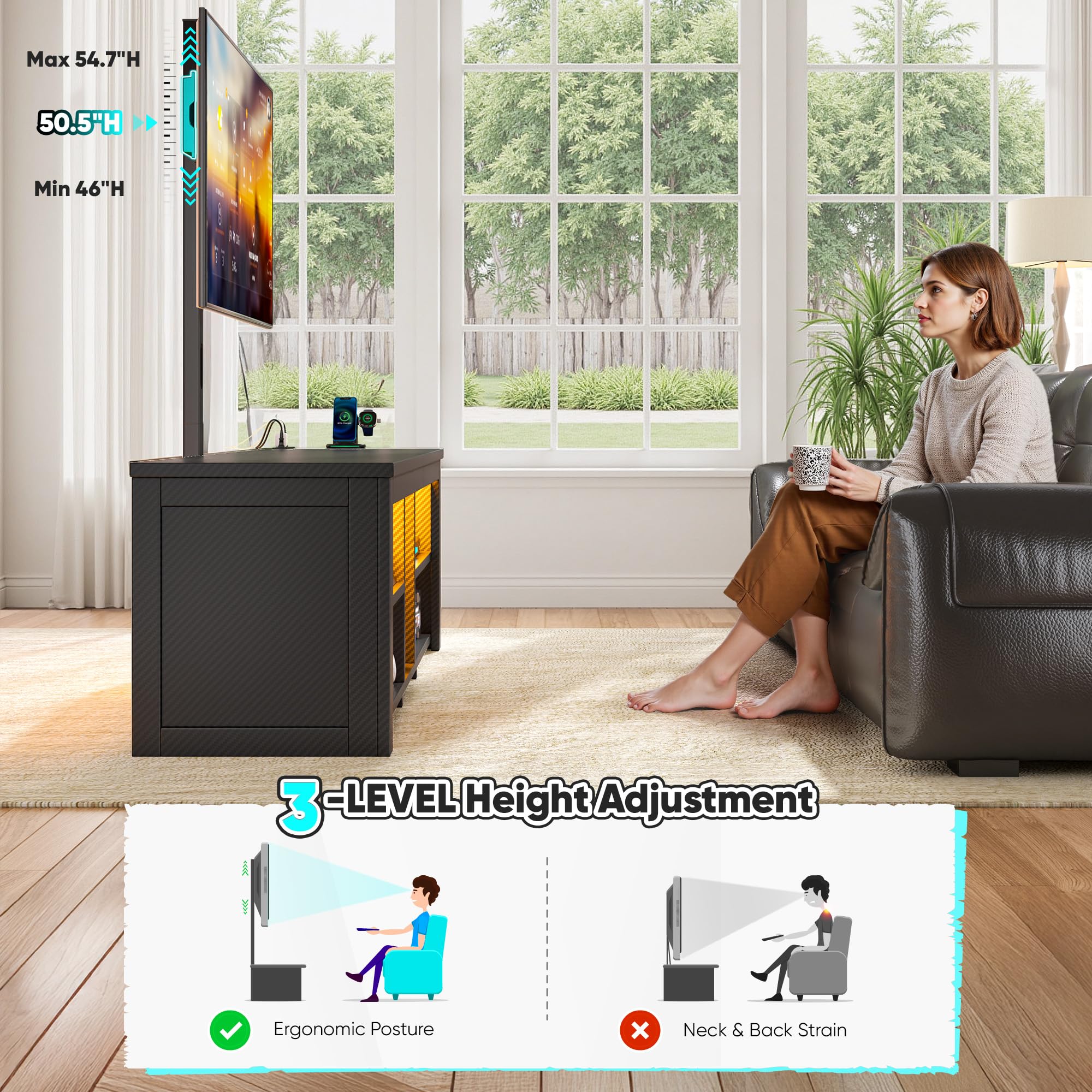 TV Stand with Mount and LED Lights Swivel TV Stand for 70 inch TV Modern Wood Entertainment Center with Power Outlet for Living Room, Gaming Console for Bedroom, Carbon Fiber Black